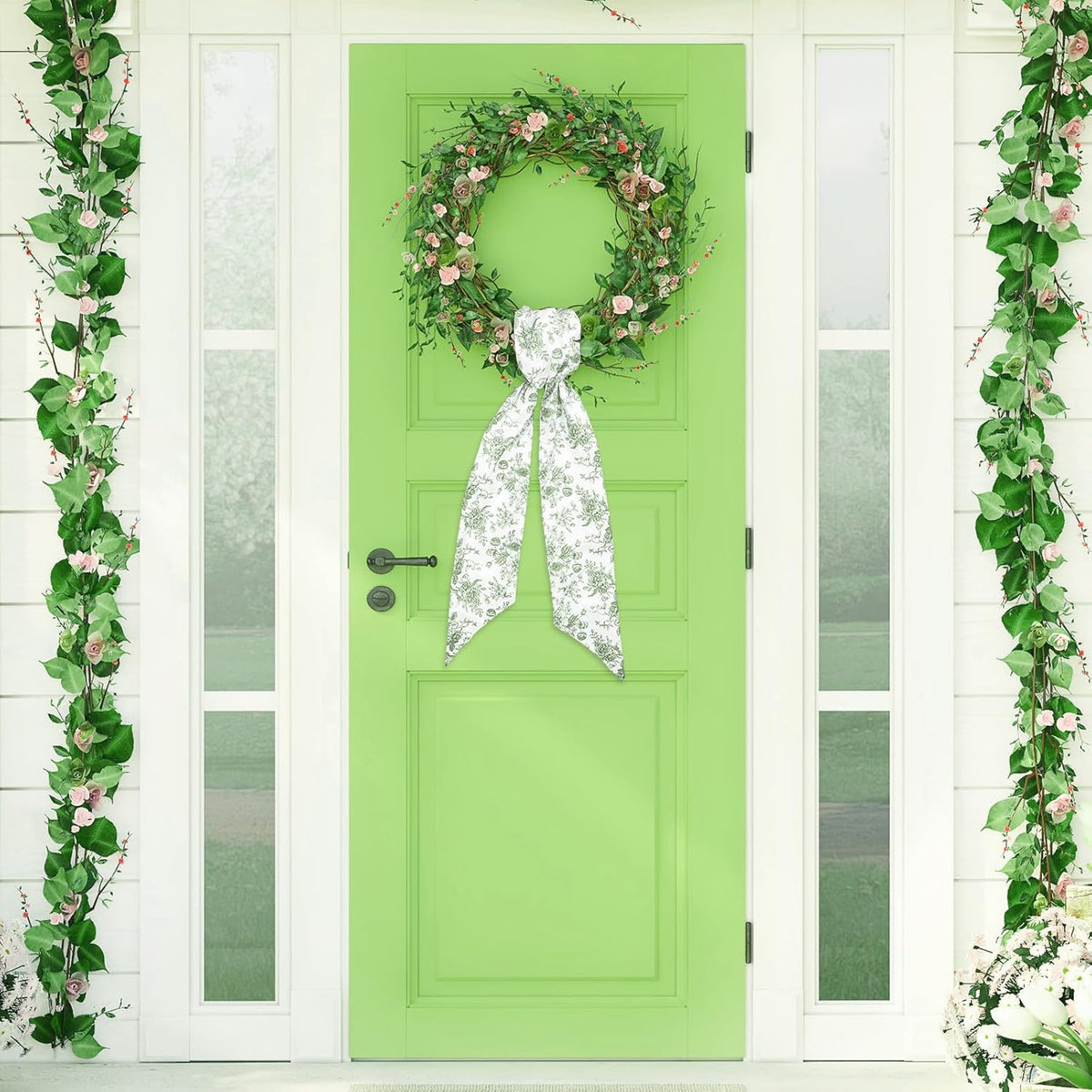 Whaline Green Flower Wreath Sash - Chinoiserie Floral Garland Ribbon for Holiday Decor | 2 Pcs