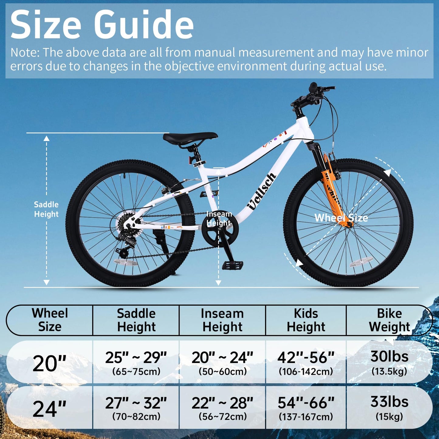 vollsch 24 Inch Kids Mountain Bike for 9-15 Years Old Boys Girls Teens 6-Speed Child MTB Bicycle with Front Suspension Fork, White with Orange Fork