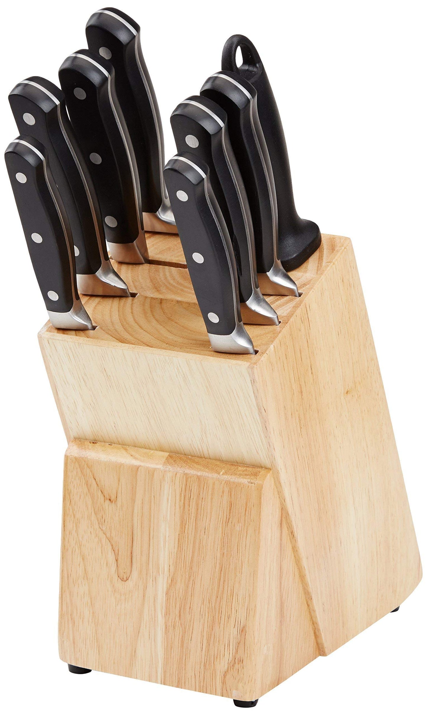 Amazon Basics 9-Piece High-Carbon Stainless Steel Kitchen Knife Set with Ergonomic Handles, Full Tang Construction, Pine Wood Block, Black
