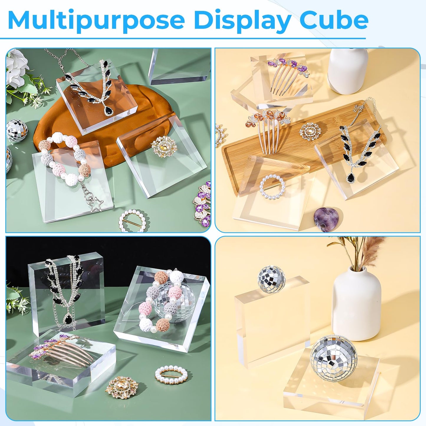 4Pcs Acrylic Blocks for Display 4 x 4 x 1 Inch Clear Acrylic Square Display Block Lucite Blocks Clear Polished Cube Risers Solid Jewelry Pedestal Stand for Jewelry Perfume Ring Collection Props Cake