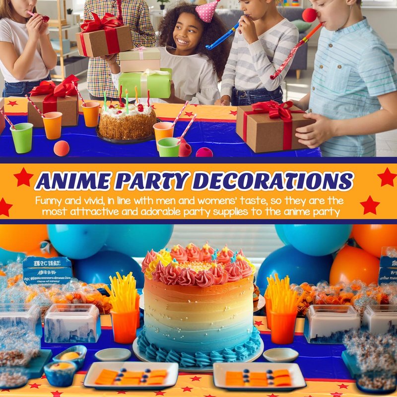 Oudain 3 Pcs Anime Theme Tablecloth 108 x 54 Inches Cartoon Table Covers Yellow Blue and Red Stars Print Table Cloth for Birthday Party Decoration