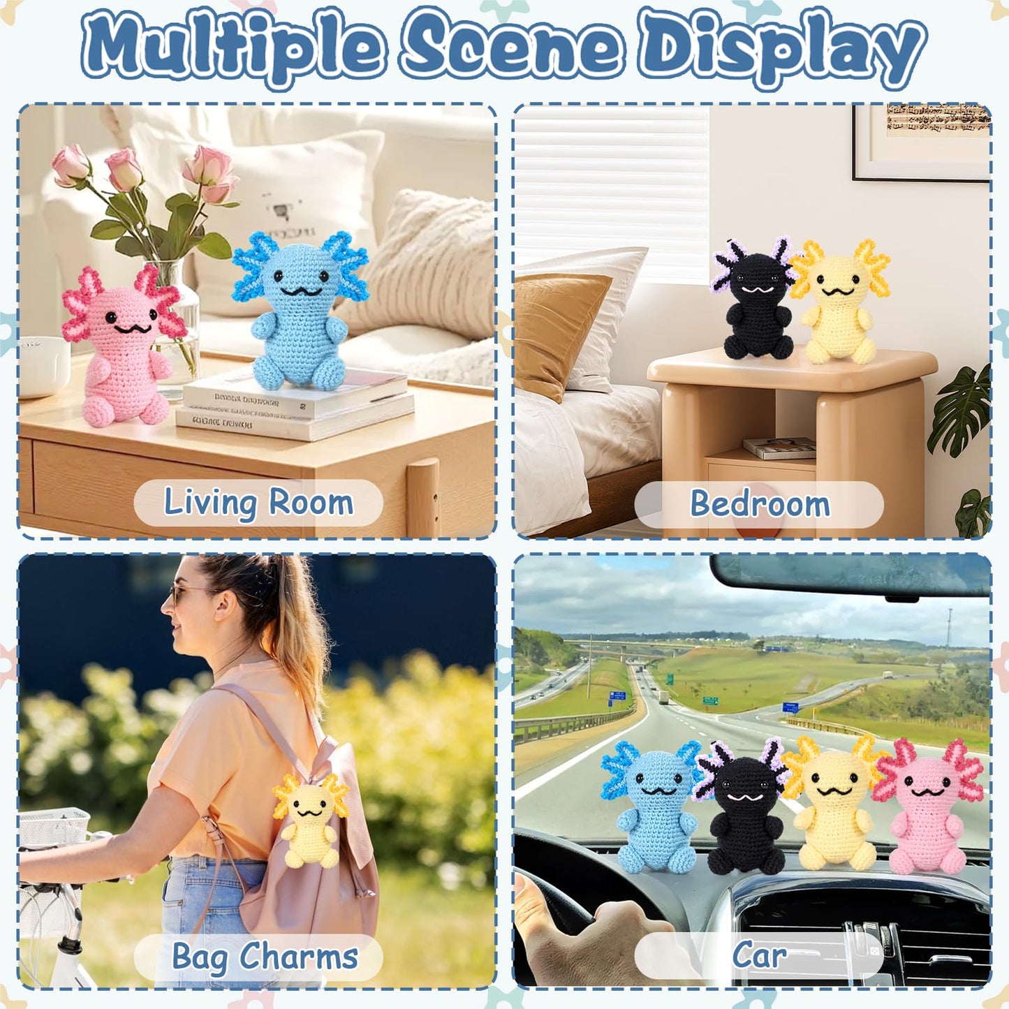 Weldomcor Crochet Kit for Beginners, Amigurumi Crocheting Animals Kits for Adults with Step-by-Step Video Tutorials Knitting Yarn Hooks DIY Crafts Starter Supplies Gifts Set (4 Pcs Mini Axolotls)