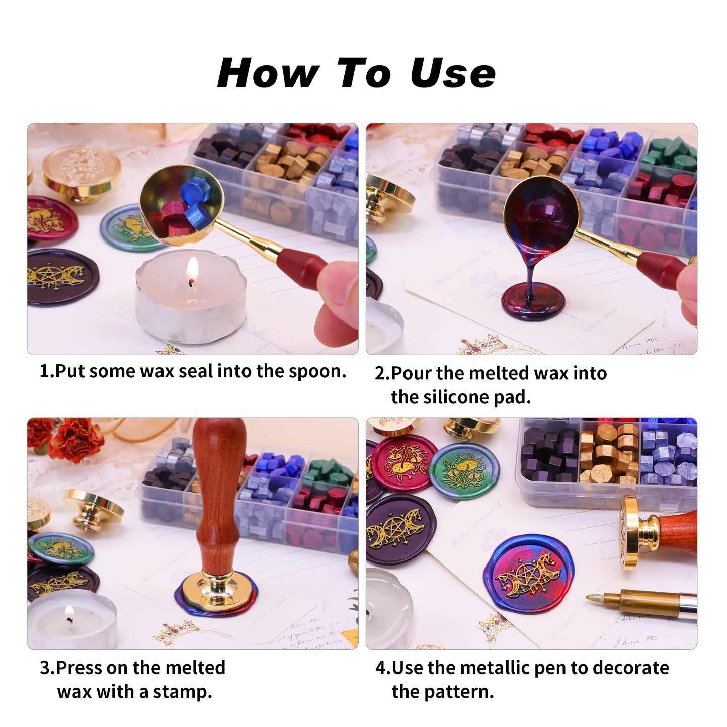 SWANGSA Sun and Moon Wax Seal Stamp Kit with 200pcs Sealing Wax Beads, Great for Embellishment of Invitations, Christmas, Wine Packages, Gift Idea