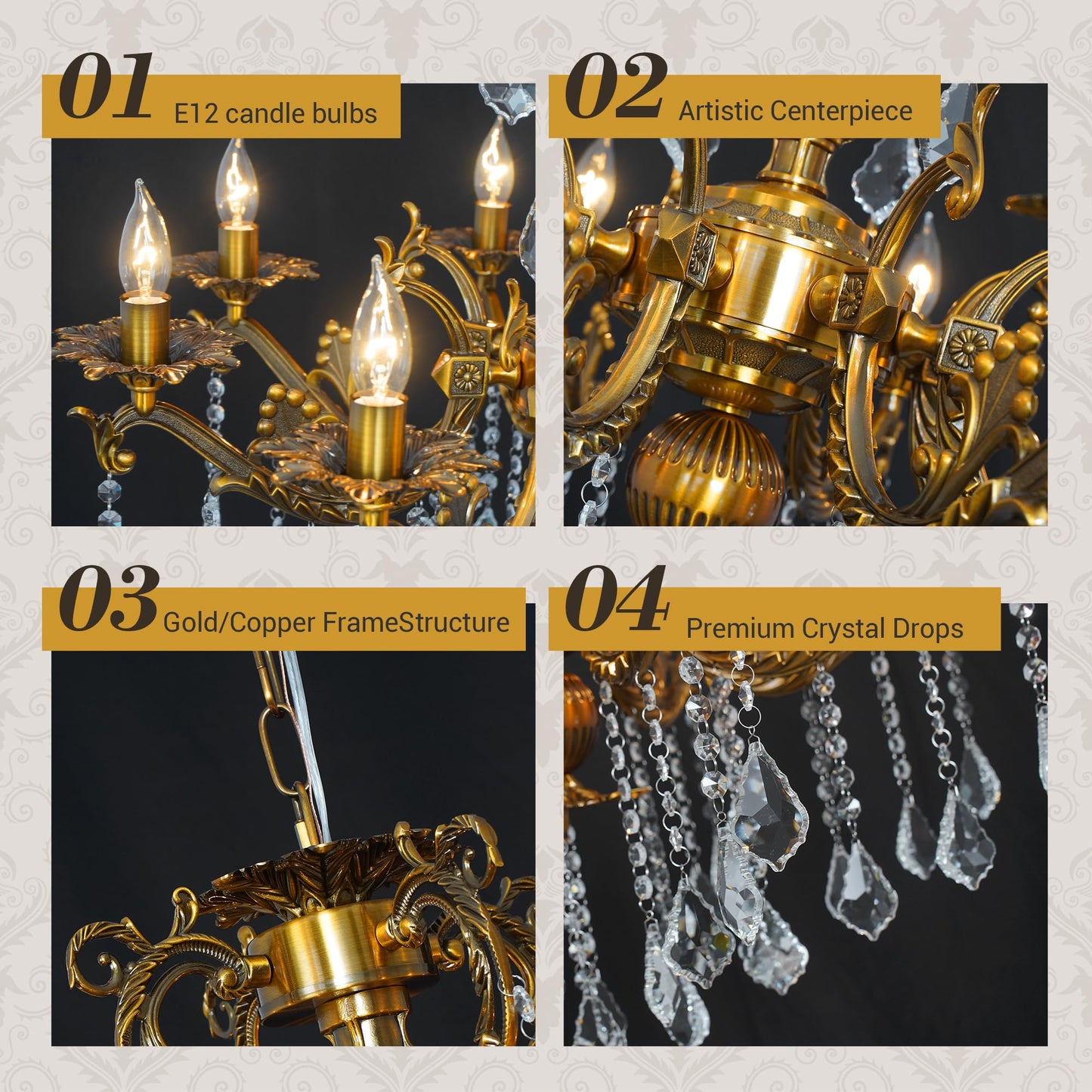 Luxury Copper Crystal Chandelier, 30" Vintage K9 Crystal Pendant Light with 8 Lights, Antique Brass Finish Ceiling Light Fixture with Scrolled Arms for Dining Room Living Room Foyer Villa Hotel