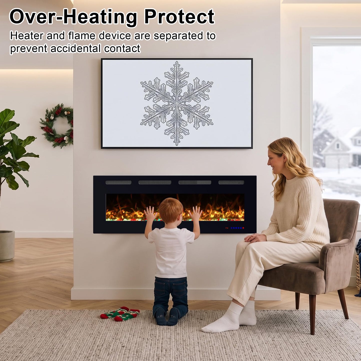 VILLABROT 42 Inch Ultra Thin Electric Fireplace Heater, Recessed & Wall Mounted Electric Fireplace Insert with Thermostat, 13 Flame Colors, Remote Control, 750/1500W for Living Room Bedroom
