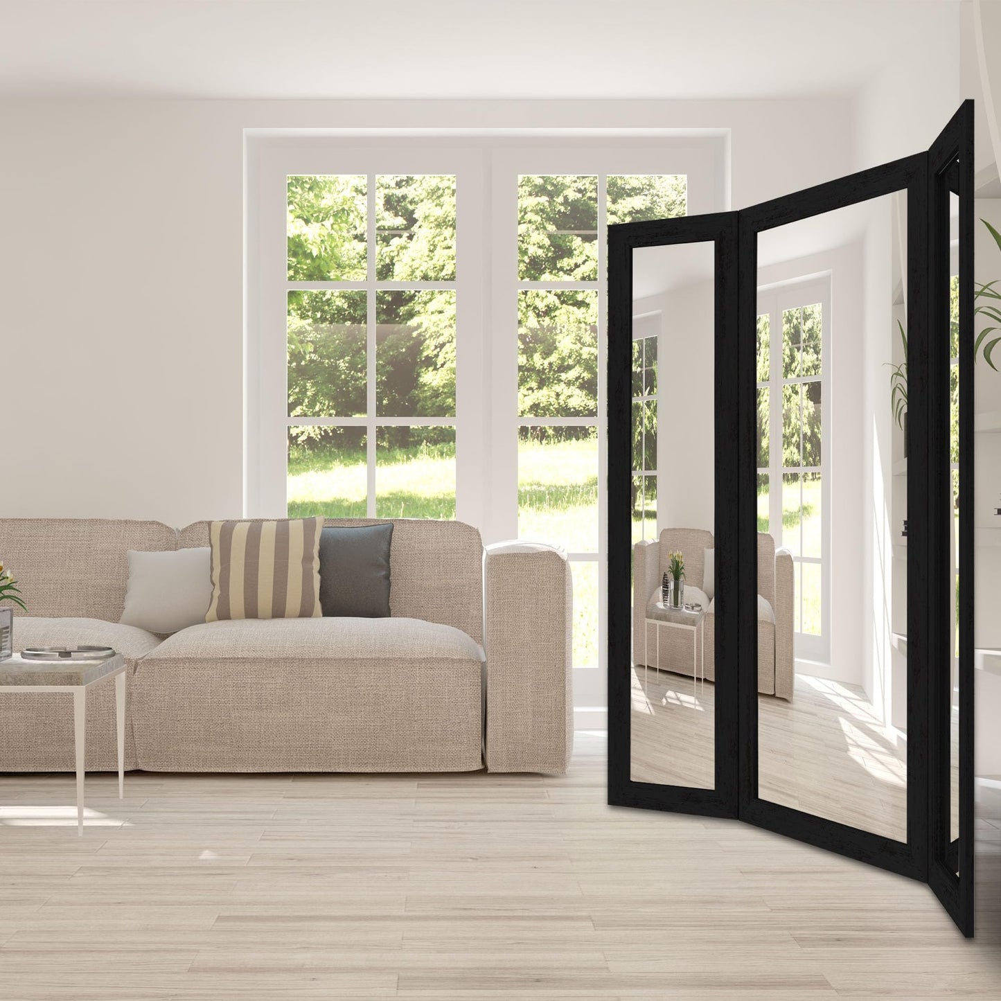 Houseables Trifold Mirror Full Length, 3 Way Mirror, Floor Length, Three Way Folding, Standing, Full Body, Wood Framed, 3 Sided for Bedroom, Makeup, Oversized, Foldable, Black, 71 x 32 to 65 Inch