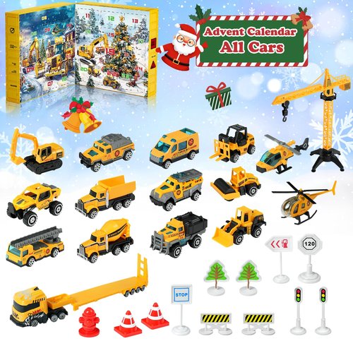 Advent Calendar 2025 for Kids Toys Engineering Vehicles Alloy Different Car Set Stocking Stuffer Plus a Play Mat Christmas for Boys and Girls Gifts Yellow