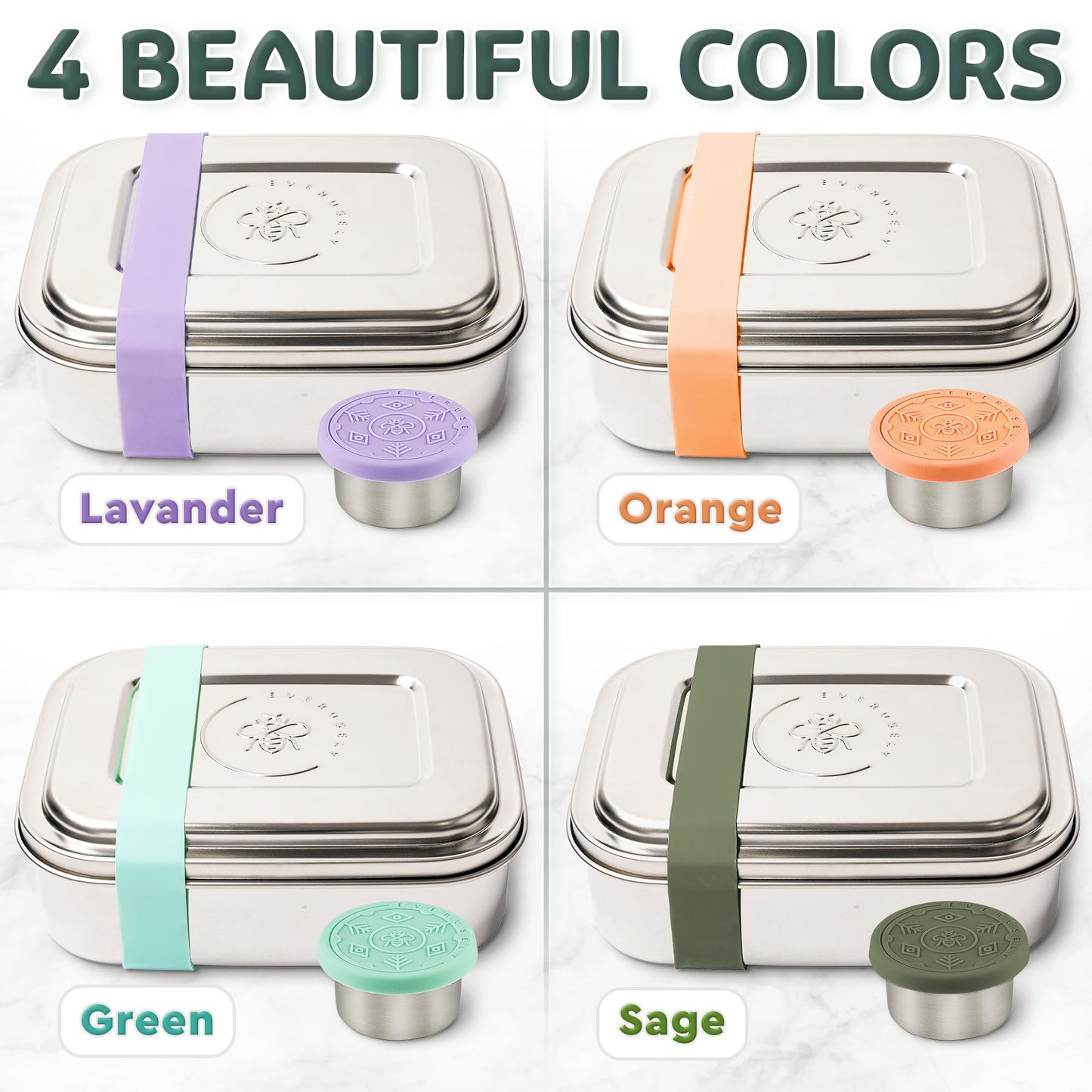 Everusely - Bento Box - Sage, 27oz / 0.8 L - Stainless Steel Lunch Box with Leakproof Condiment Container - 3 Compartment Snack Organizer for On the Go Meals - Freezer & Dishwasher Safe
