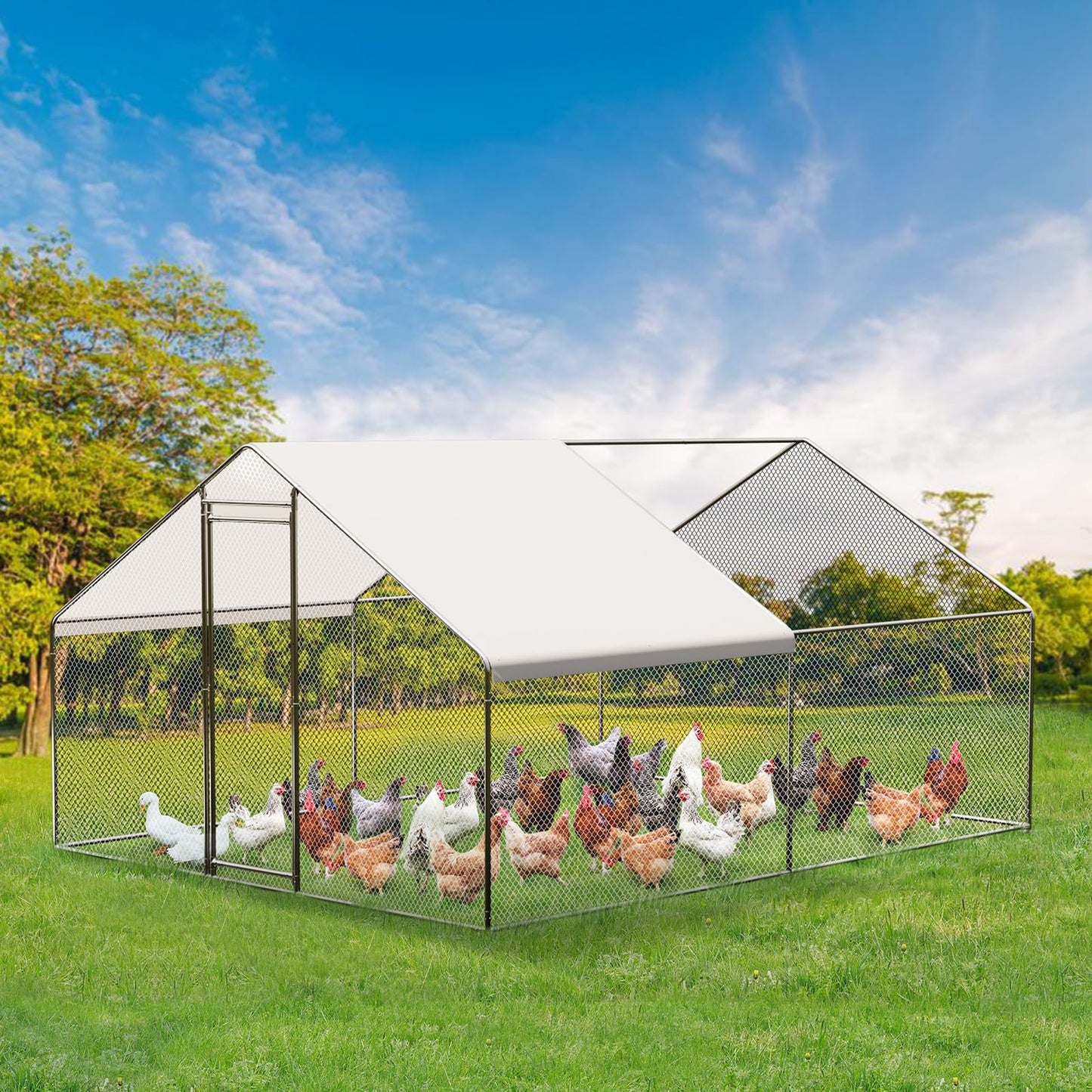 Large Chicken Coop with Cover, Large Metal Chicken Coop,Metal Chicken Run & Spire Roof Outdoor Enclosure with Lock,for Backyard, Farm, Housing Chickens, Ducks, Rabbits