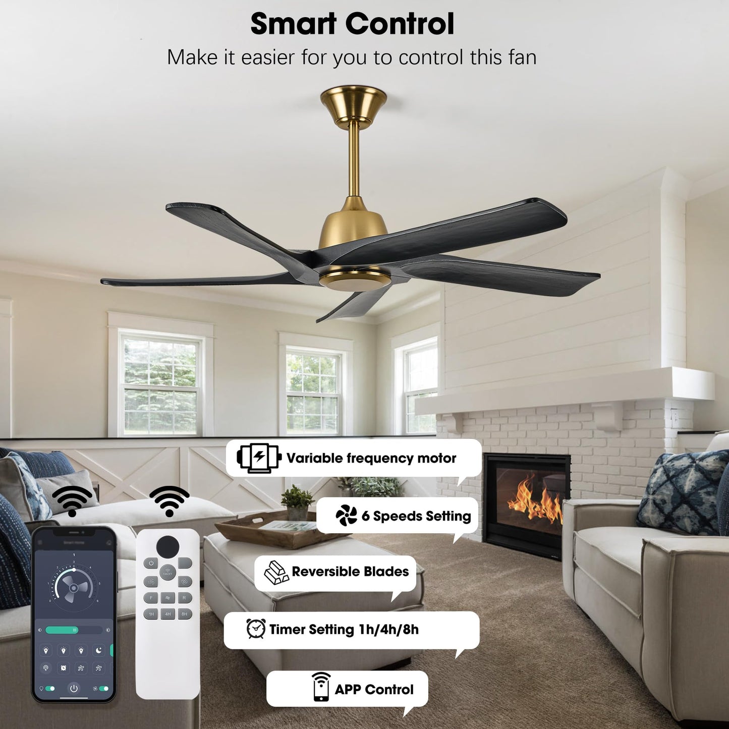 LVYEAYOU 52 Inch Solid Wood Ceiling Fan No Lights, Remote and APP Control, DC Motor, 6-speed Reversible, for Bedroom, Living Room, Office, Black Gold