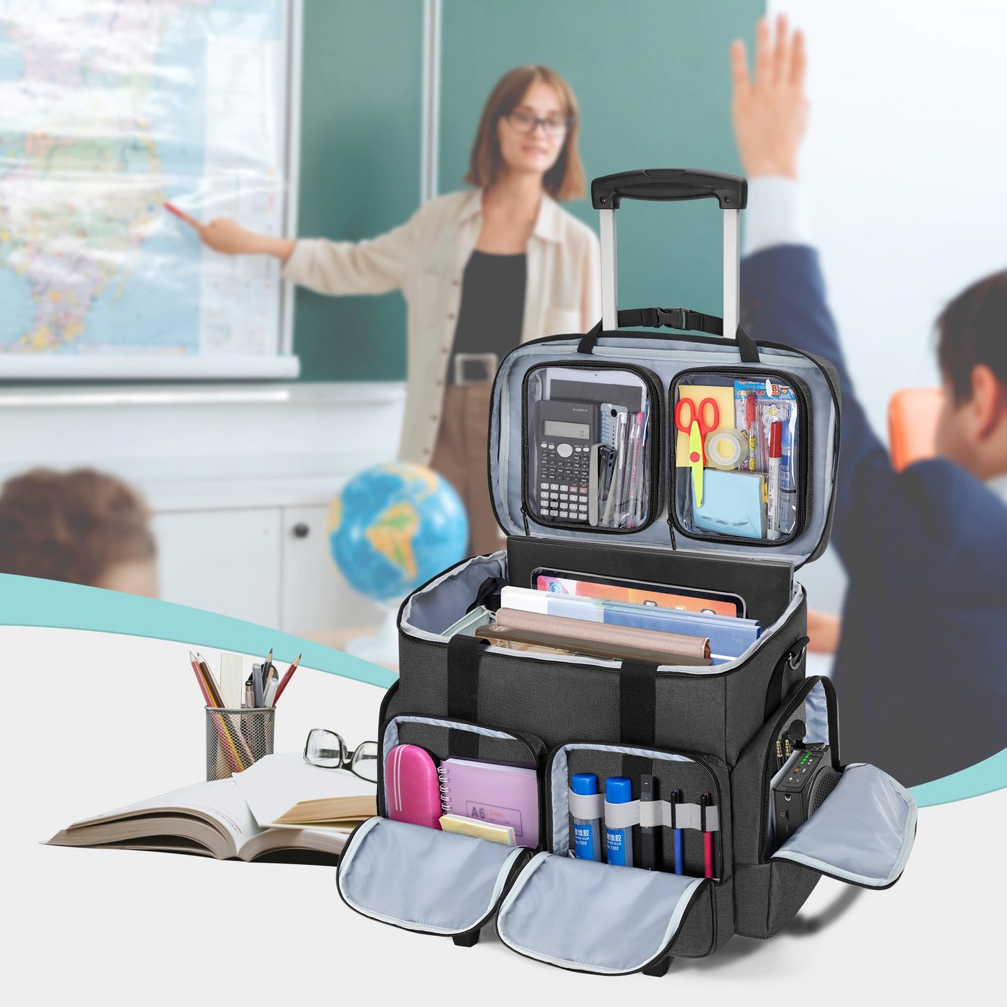 CURMIO Rolling Teacher Tote Bag with Padded Laptop Compartment for up to 15.6 Inches Laptop, Wheeled Teacher Bag for Teaching, Office, Craft, Black