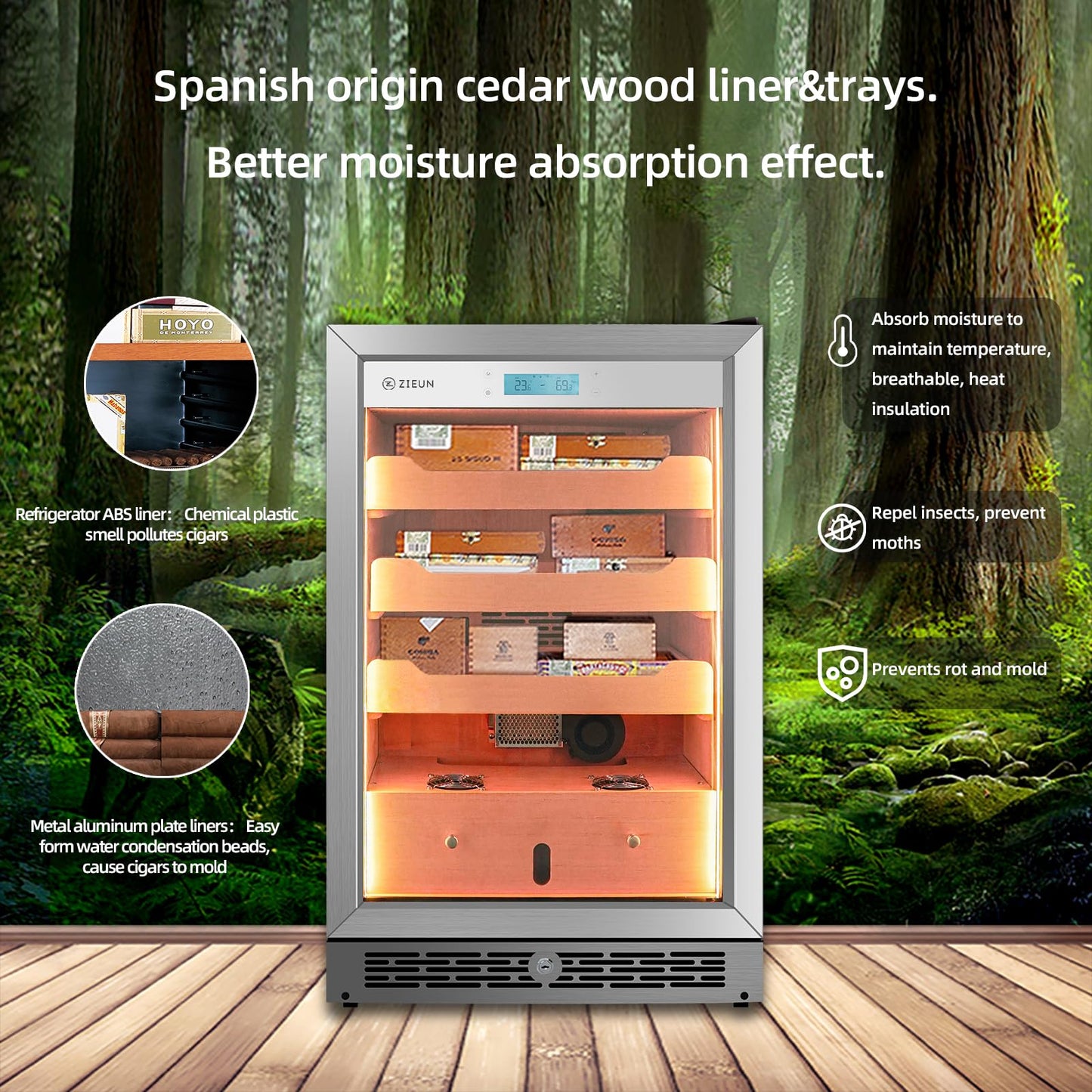 ZIEUN Upgrade 84L Electric Cigar Humidor Temperature & Humidity Control,Built-in Humidification System with Spanish Cedar Wood Shelves, Holds 800 Cigars with LED