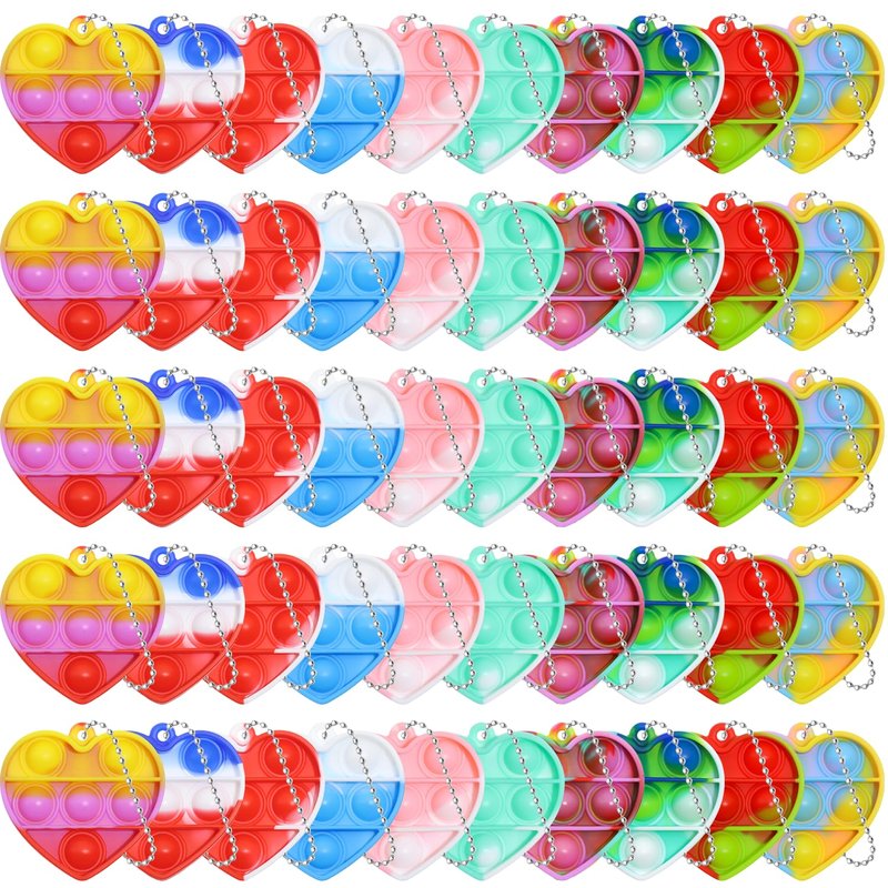 EFZXIB Valentine’s Day Heart Mini Pop Keychains 50 Pack –10 Colors with 5 Each Mini Heart-Shaped Bubble Fidget Keychain Stress Relief Sensory Toy Party Favors for Kids, Classroom Gifts