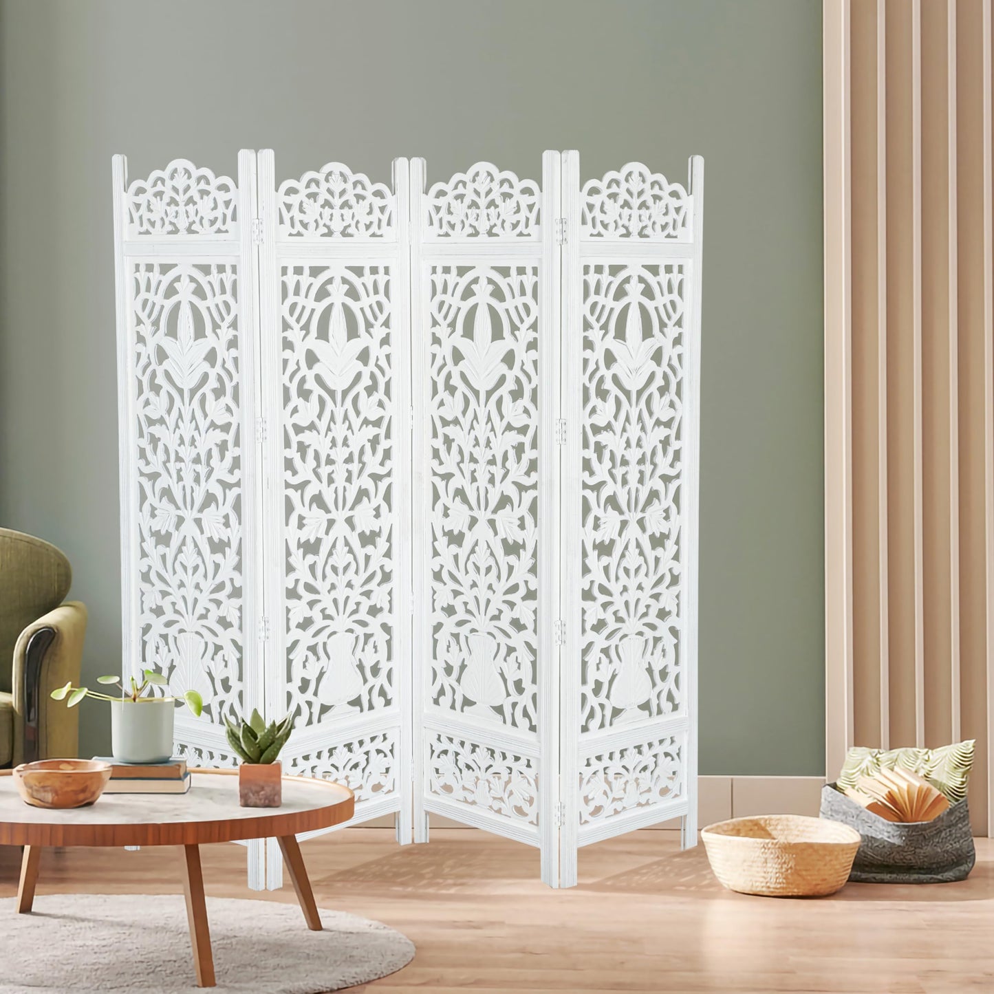 Lightnpro 4-Panel Wooden Room Divider 72"×72" - Hand-Carved Floral Folding Privacy Screen | Pre-Assembled Large Decorative Partition for Living Room, Bedroom, Office & Boho Home Décor - Antique White