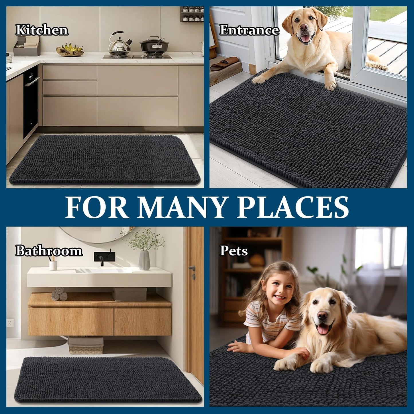 OLANLY Dog Door Mat - Absorbent Non-Slip Washable Chenille Mat for Muddy Paws | 70x46, Dark Grey