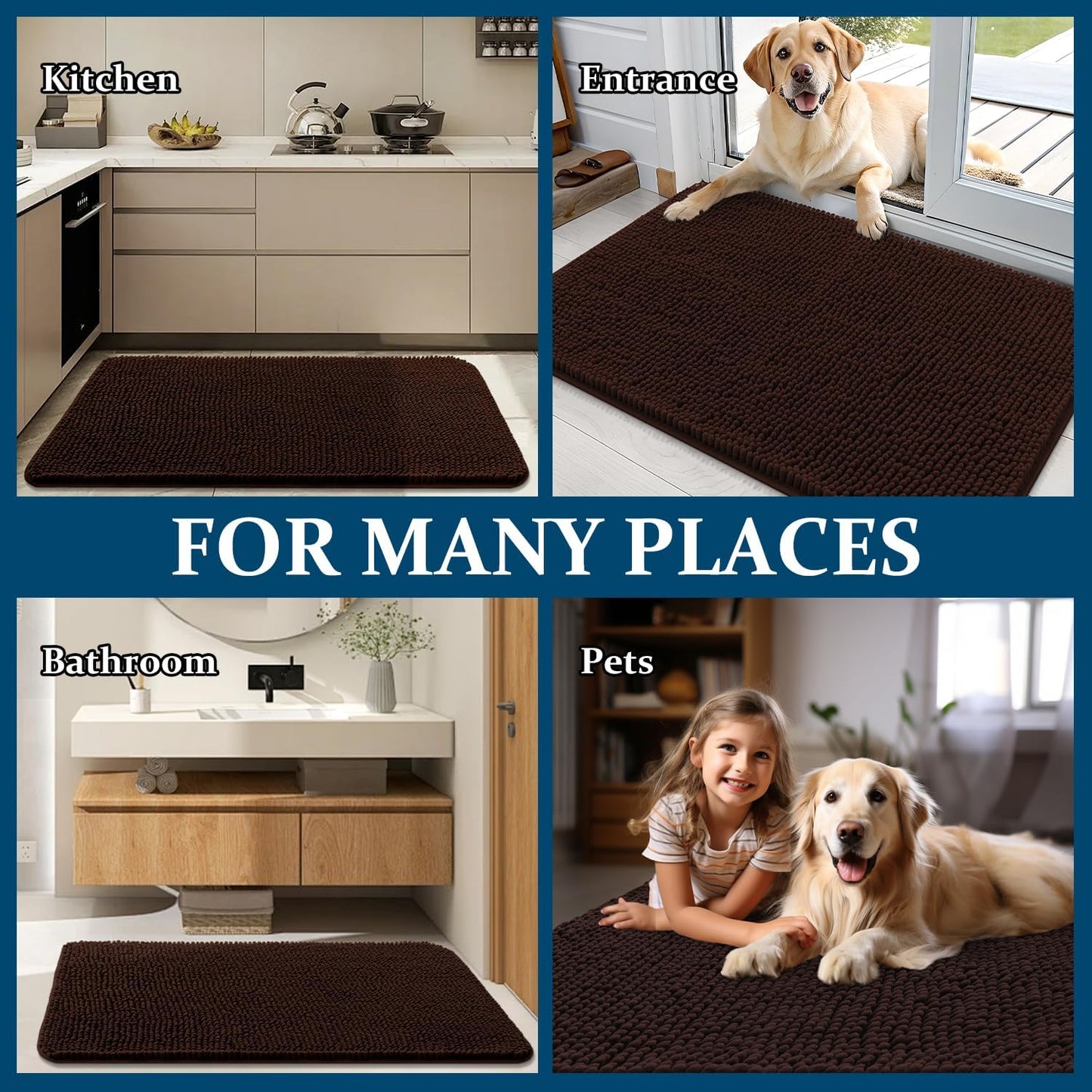 OLANLY Dog Door Mat - Absorbent Non-Slip Chenille Mat for Muddy Paws | 54x24 Inches, Quick Dry, Brown