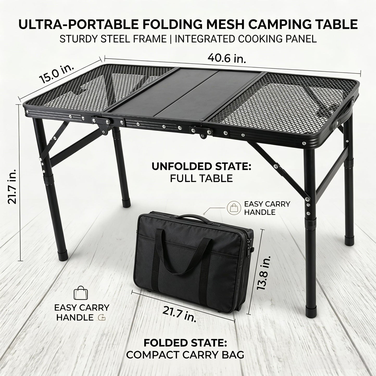 Portable Folding Aluminum Camping Table — IGT-Compatible Modular Camp Kitchen Table, Carbon Steel Mesh Top with Tactical Hooks & Carry Bag, for Camping Picnic Tailgating BBQ Outdoor Cooking
