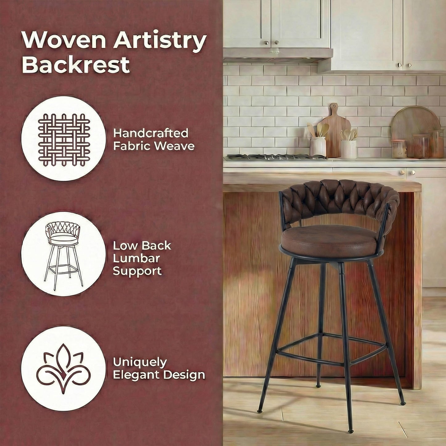 YOUNUOKE 360° Swivel Bar Stools Set of 2, 28 inch Seat Height Barstools with Woven Low Back, Metal Straight Legs with Footrest, Fabric Bar Stool for Kitchen Island, Bar & Pub (2 PCS, Dark Brown)
