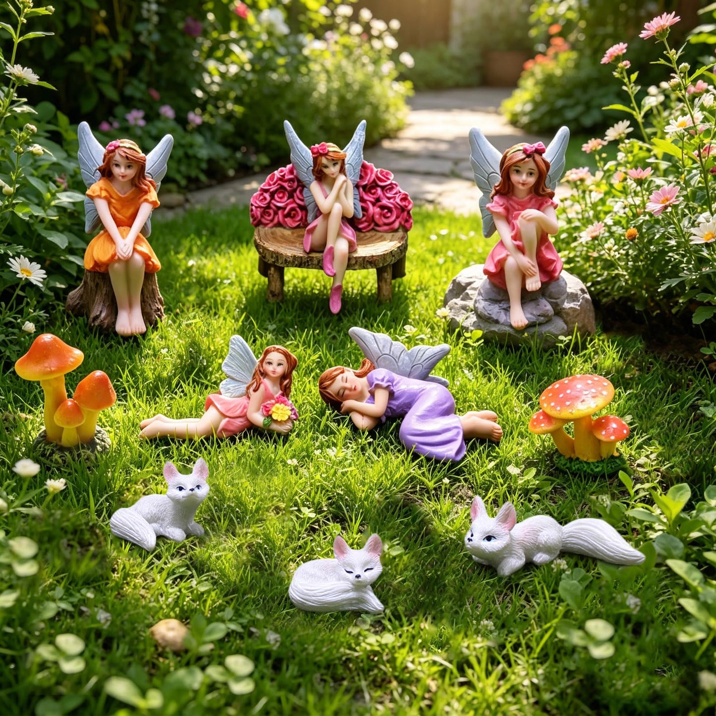 Miniature Fairy Garden Accessories Set - 5 Resin Fairies (Sleeping, Sitting on Stone/Stump/Bench) with 3 White Fox Statues & 2 Spotted Mushrooms - Whimsical Forest Decor for Terrarium, Patio & Gifts