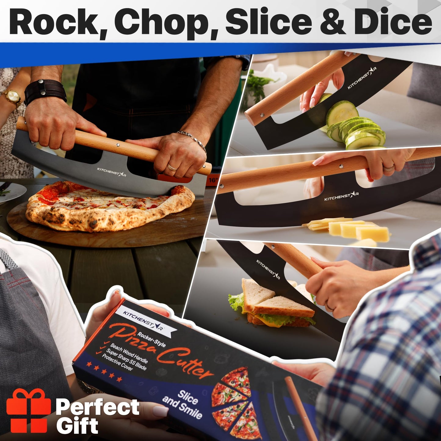KitchenStar 14-Inch Pizza Cutter Rocker Blade - Razor Sharp Stainless Steel Slicer Knife, Stylish Beech Wood Handle, Protective Cover - Professional Pizza Oven Accessories, Black