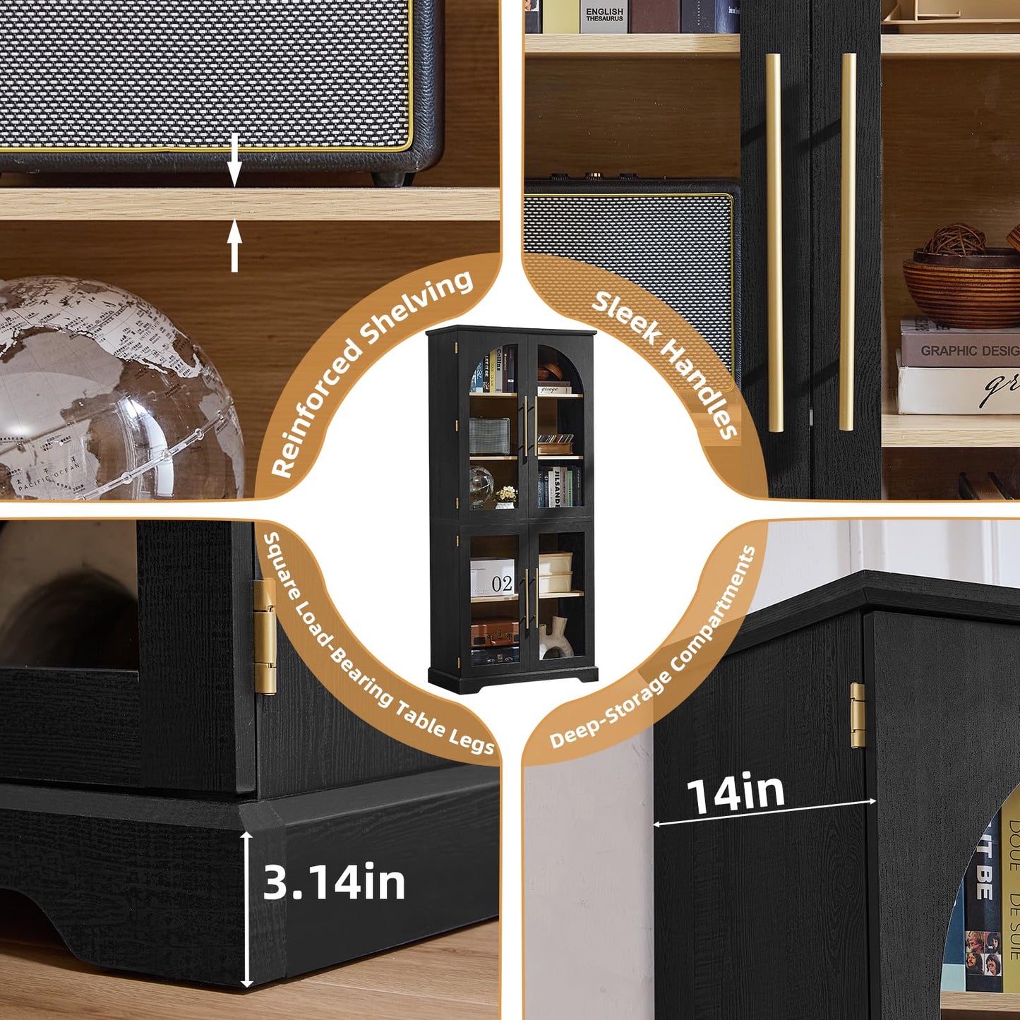 Joaxswe 72" Tall Bookshelf with 4 Curved Glass Doors, Farmhouse Bookcase with 3-Tier Adjustable Shelves, Modern Living Room Display Cabinet, Large Storage Cabinet for Home Office,Dining Room, Black