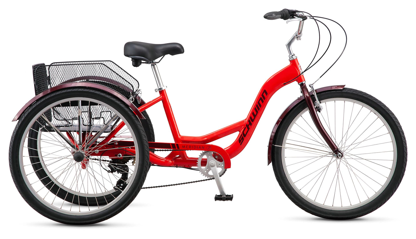 Schwinn Meridian Adult Tricycle, 26 Inch Bike for Women and Men, 7-Speed Adult Trike, Low Step-Through Frame, Springer Cruiser Seat, Upright Riding Position, Bike with Basket, Tricycle for Adults