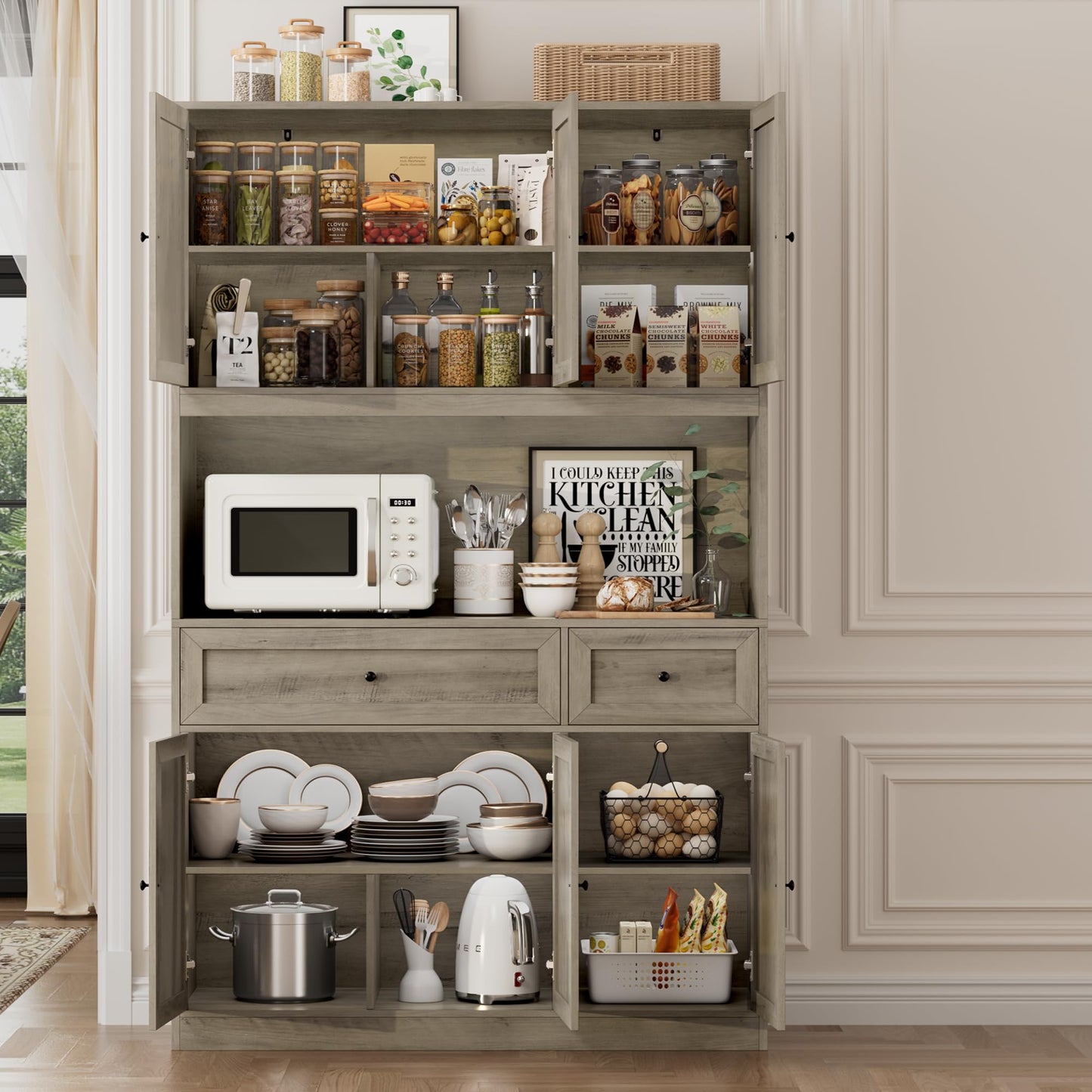 BOTLOG 72" Kitchen Pantry Cabinet, Kitchen Hutch with Microwave Stand, Buffet Cabinet with Hutch for Dining Room, Ash Gray