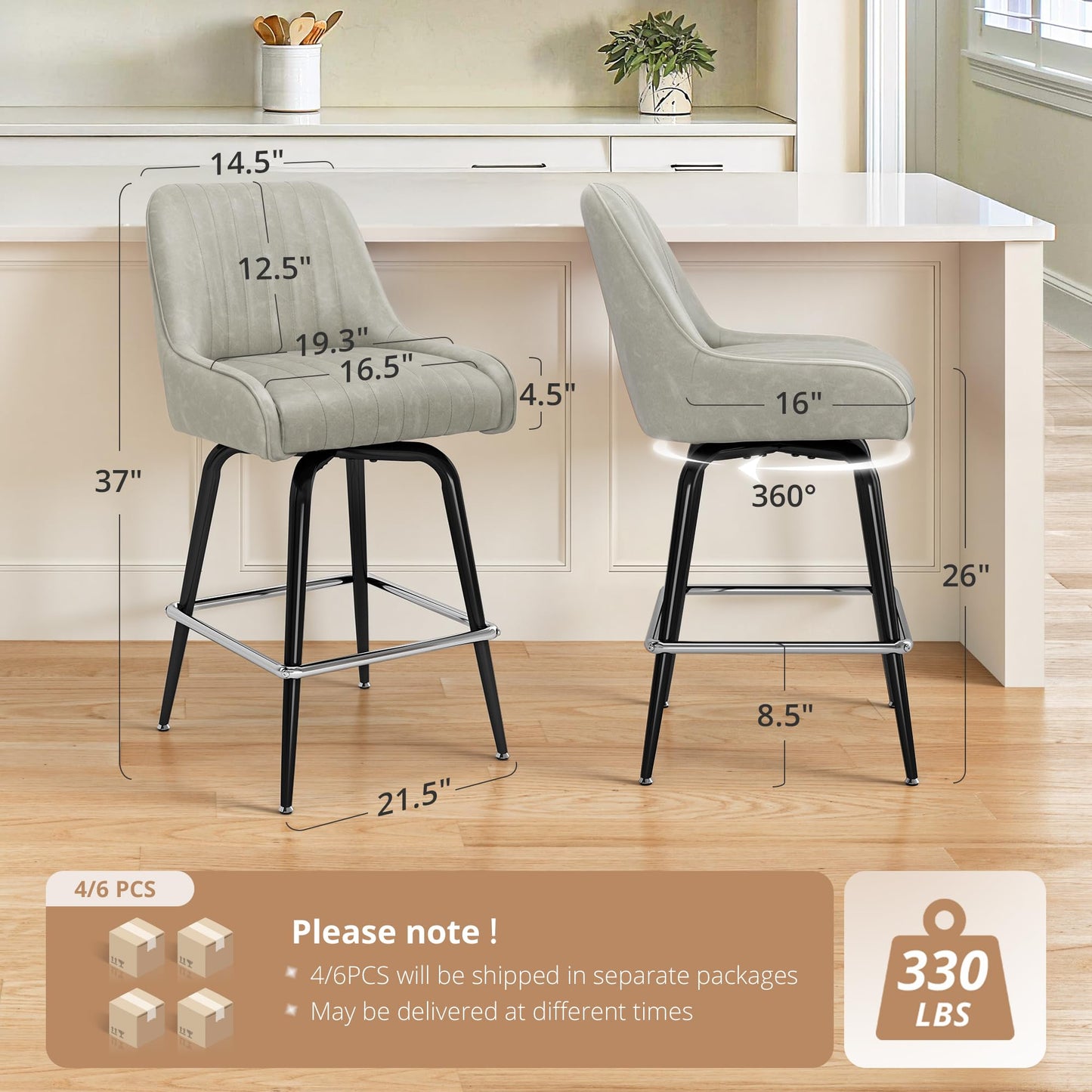 LUE BONA Counter Height Bar Stools Set of 3, 26" H Modern Barstools with Backs, Metal Frames and LightGrey Faux Leather Upholstered Accent Bar Stools for Kitchen Island