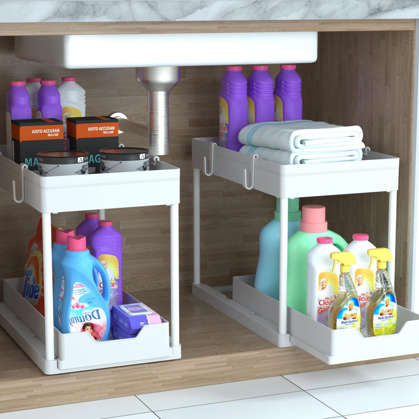 DEKAVA Cabinet, 2 Pack Under Sink Organizer, 2 Tier Sliding Bathroom Kitchen Organizer, Large White ABS Baskets, Easy Install & Clean
