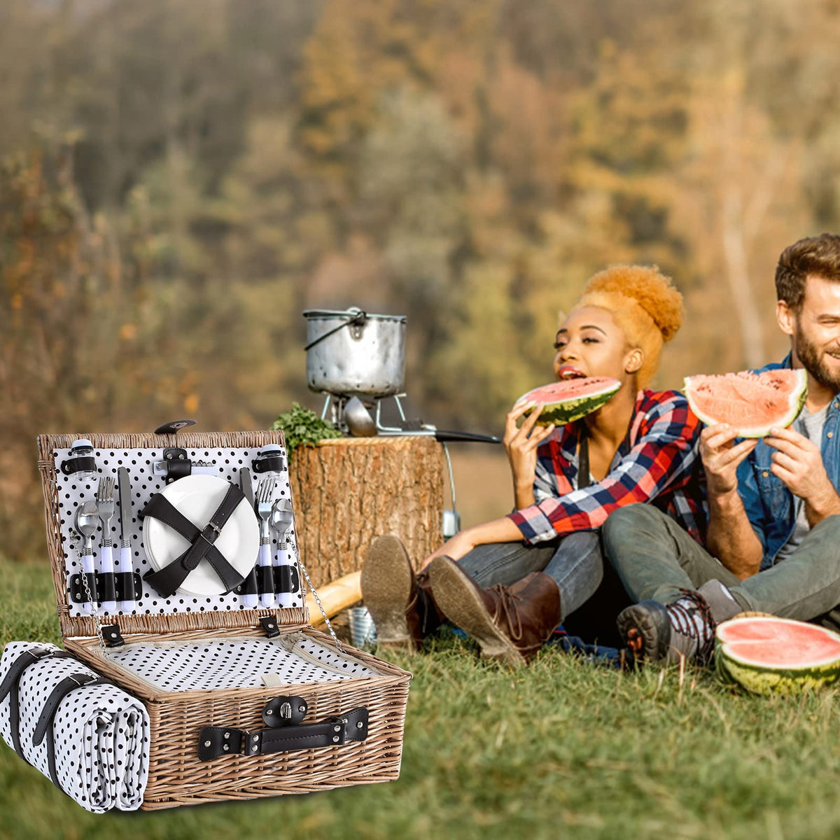 HYBDAMAI Picnic Basket for 4 Persons with Waterproof Picnic Blanket and Insulated Cooler, Large Wicker Picnic Basket for Camping, Outdoors, Valentine's Day, Christmas, Birthday, Wedding Gift