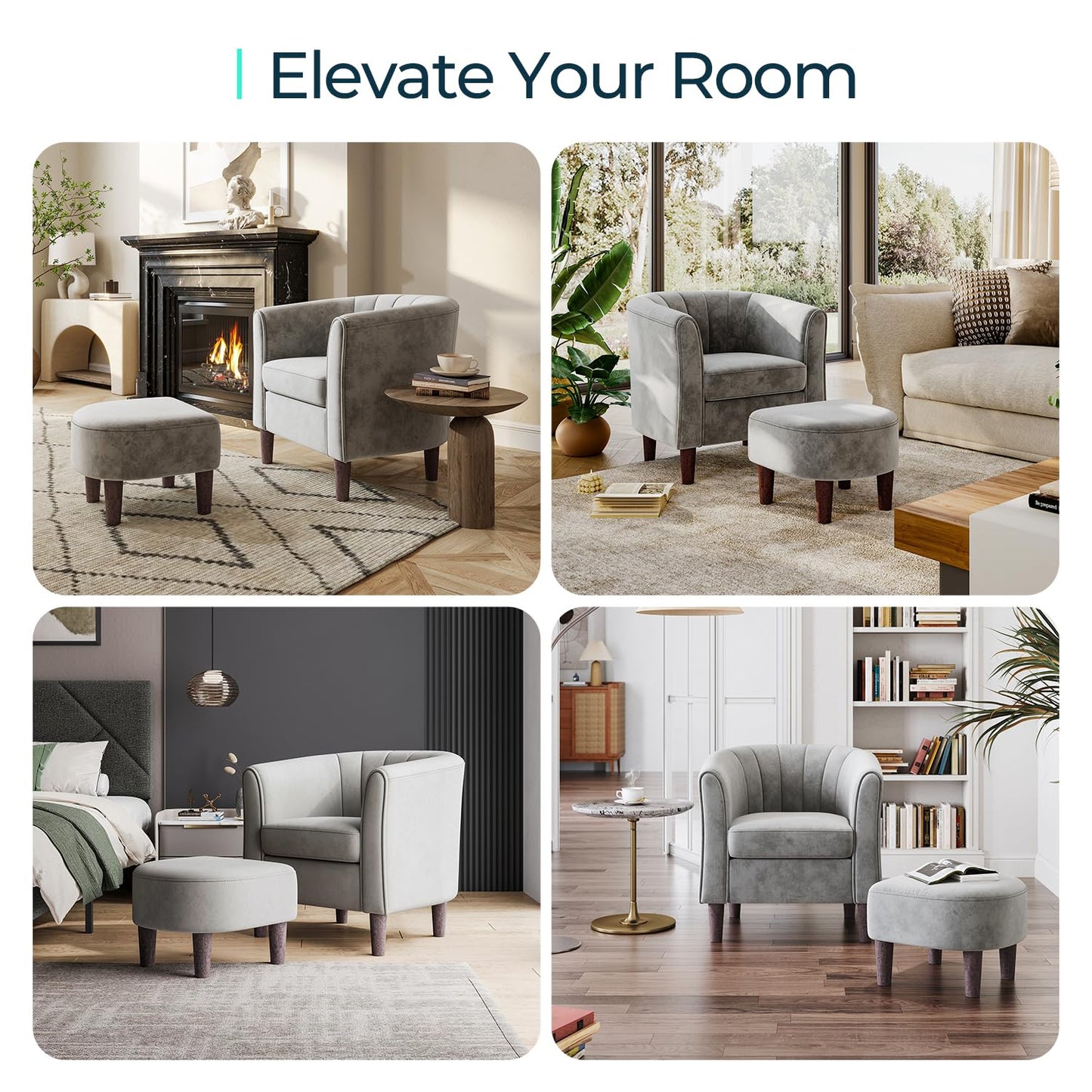 LINSY Accent Chair Set of 2, Velvet Barrel Chair with Ottoman, Modern Comfy Small Armchair for Small Spaces Reading Room Living Room Bedroom Kids Room Office, Grey