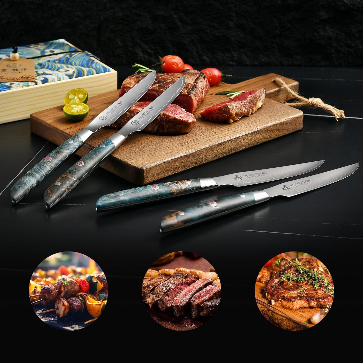 Steak Knives Set of 4, 5 inch Handcrafted Japanese VG10 Steel Kitchen Steak Knives, Non Serrated Meat Knife with Ergonomic Stabilized Wood Handle & Luxurious Wood Box, Cooking Gifts for Men Women