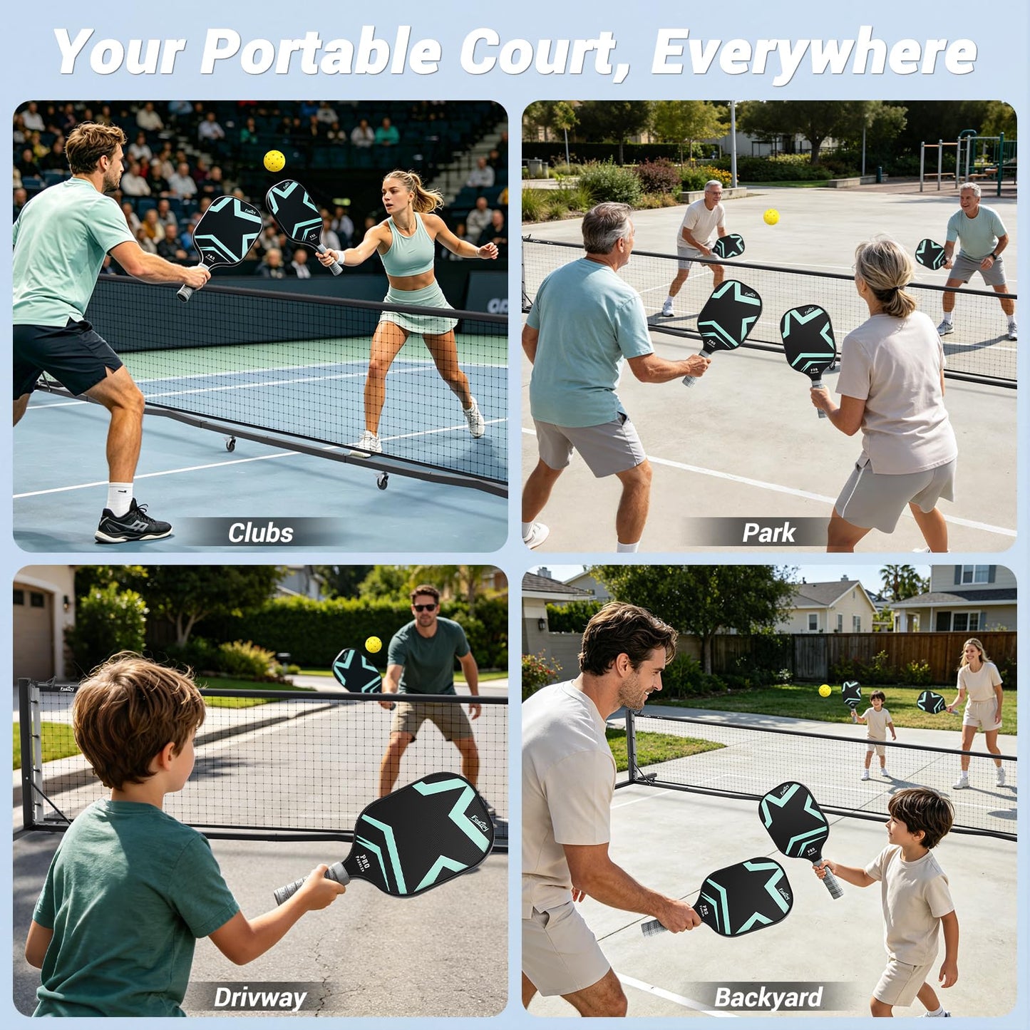 Fostoy Pro Aluminum Pickleball Net with Carbon Fiber Paddle, Dual-Side Tension Lock System, Locking Wheels, 22FT Tournament Regulation Size for Outdoor Court, Driveway & Gym, Easy Setup, Carry Bag