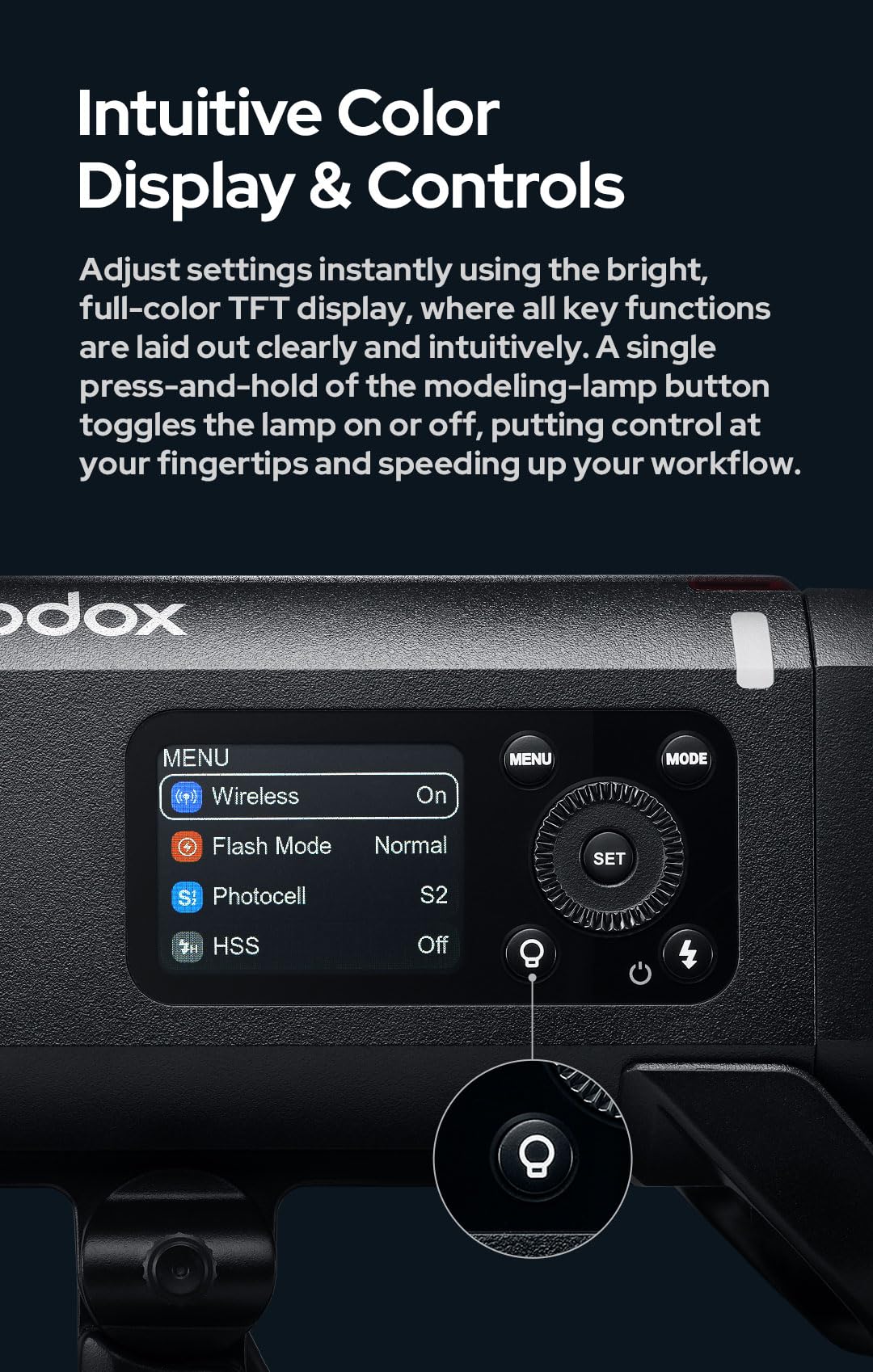 Godox AD400 Pro II AD400Pro II AD400ProII Flash, GN72 One-Tap Sync with X3/30W Bi-Color Modeling Lamp/Color Screen/16 Color Groups Indicator/Freeze Mode/460 Flashes/1/512~1/1 (with ± 0.1 Increment)
