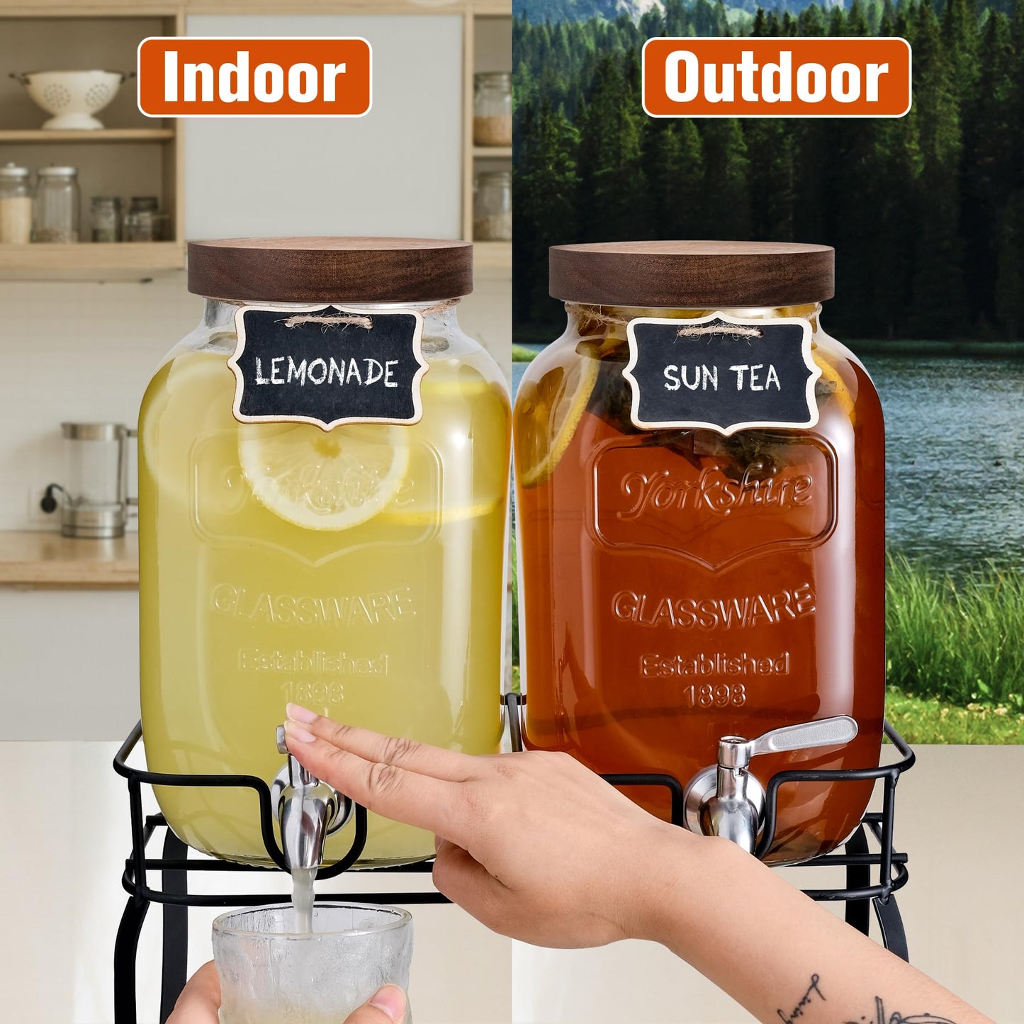mustry Glass Drink Dispenser for Parties, 1 Gallon Beverage Dispenser with Stand and Spigot Solid Stainless Steel, Used as Lemonade Dispenser Sun Tea Jar Kombucha Jar, Set of 2