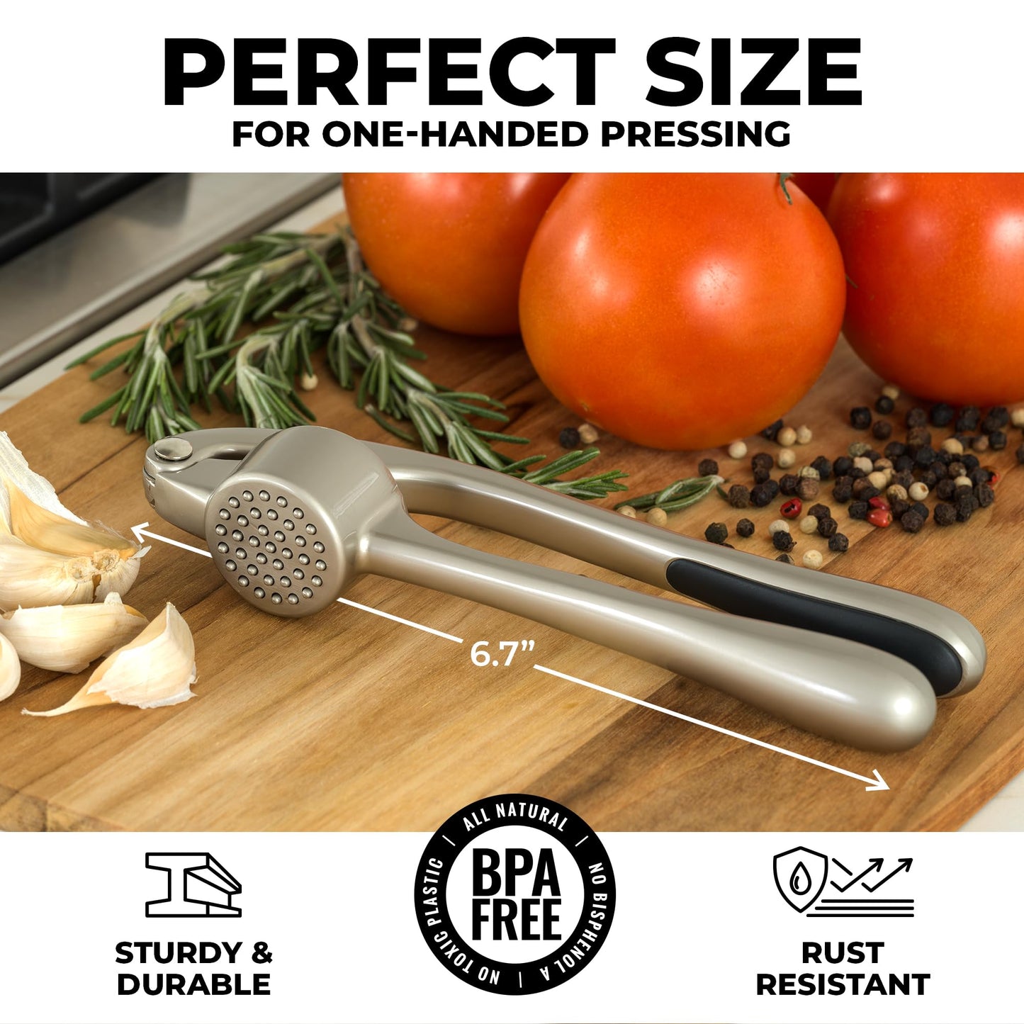 Zulay Kitchen Premium Garlic Press Set - Rust Proof Professional Garlic Mincer Tool - Easy-Squeeze, Easy-Clean with Soft, Ergonomic Handle - Silicone Garlic Peeler & Brush (Silver)
