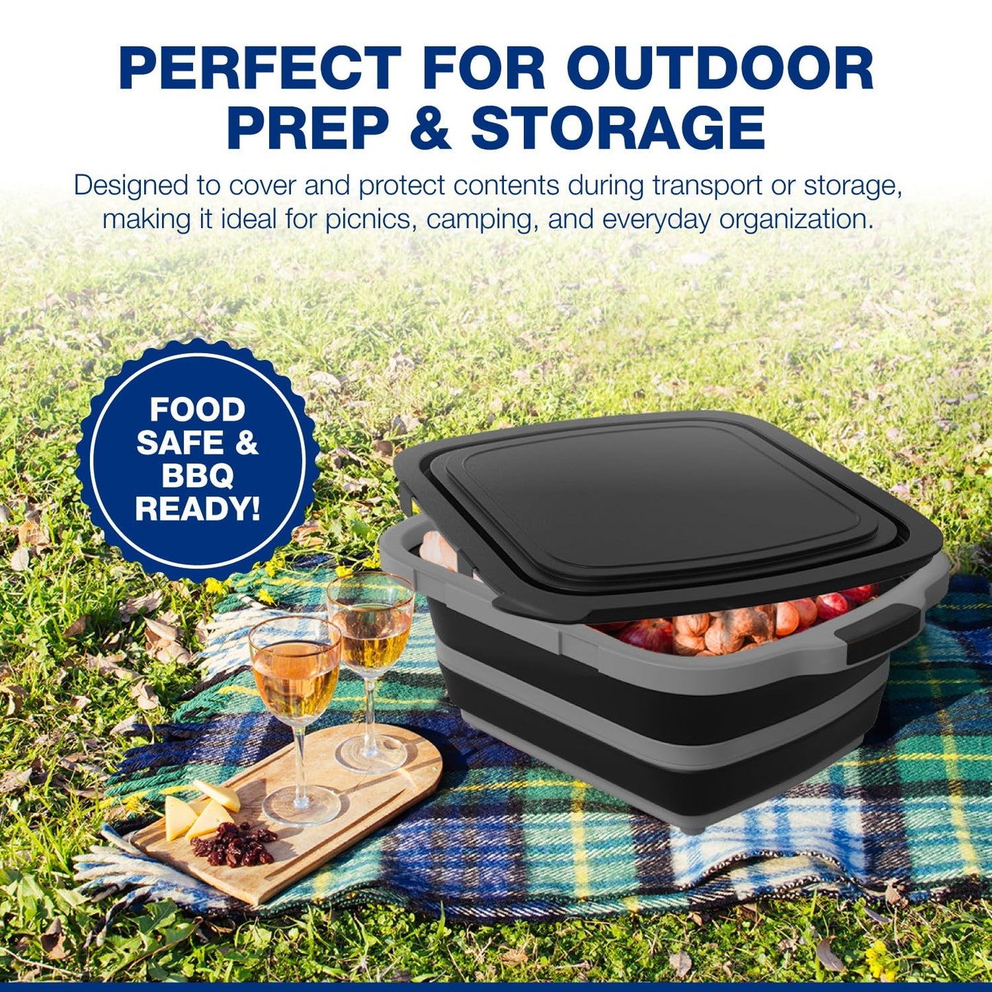 2-Pack XL Collapsible BBQ Prep Tub with Built-In Cutting Board, Lid & Strainer – Marinate, Drain & Prep – Large Food-Safe Container – Perfect for Grilling, Smoking & Outdoor Cooking (Black)