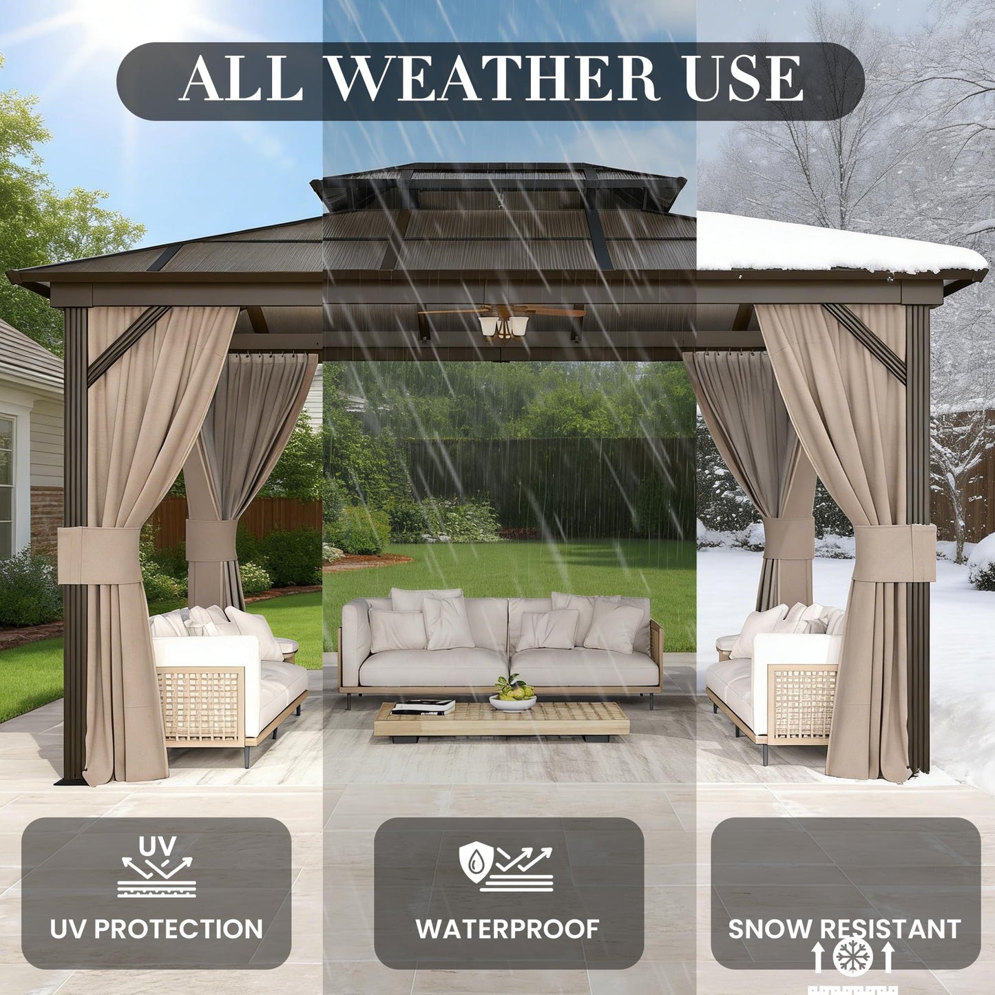 YOLENY 10'x13' Hardtop Gazebo, Outdoor Polycarbonate Double Roof Canopy, Aluminum Frame Permanent Pavilion with Curtains and Netting, Sunshade for Garden, Lawns, Patio