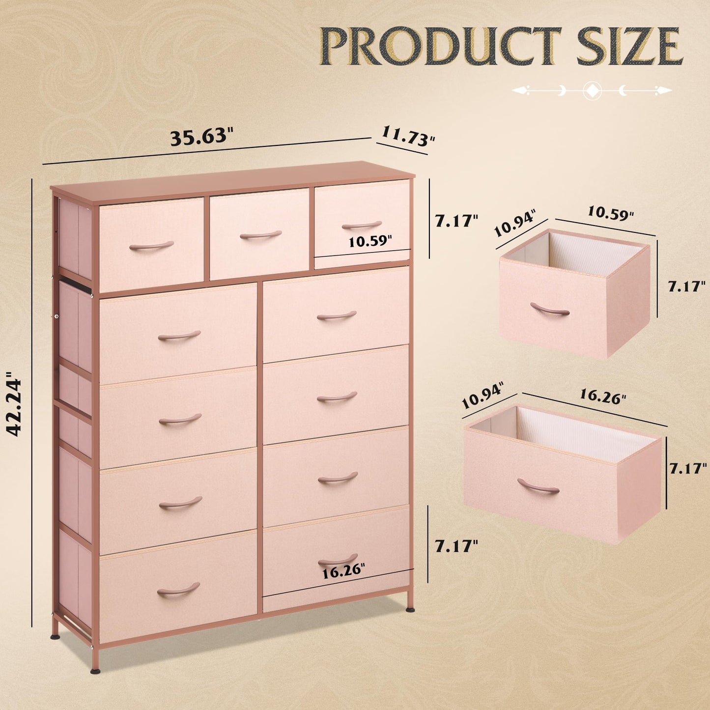 WLIVE Tall Dresser for Bedroom, Fabric Dresser Storage Tower, Chest of Drawers Organizer Unit with 11 Drawers, Storage Cabinet, Hallway, Closets, Steel Frame, Wood Top, Pink