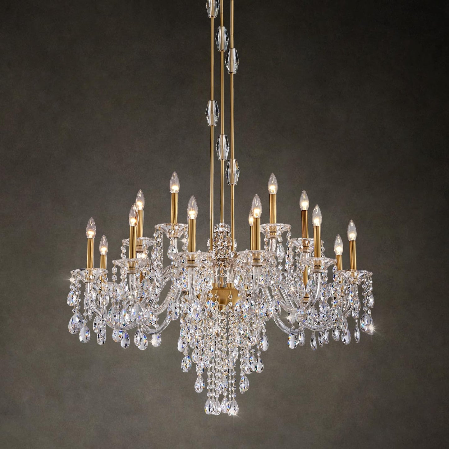 Duluyiee 18-Light Crystal Candle Chandelier, Brass Gold Chandelier for Foyer, Staircase & High Ceiling Living Room, Adjustable Height, E12 Base