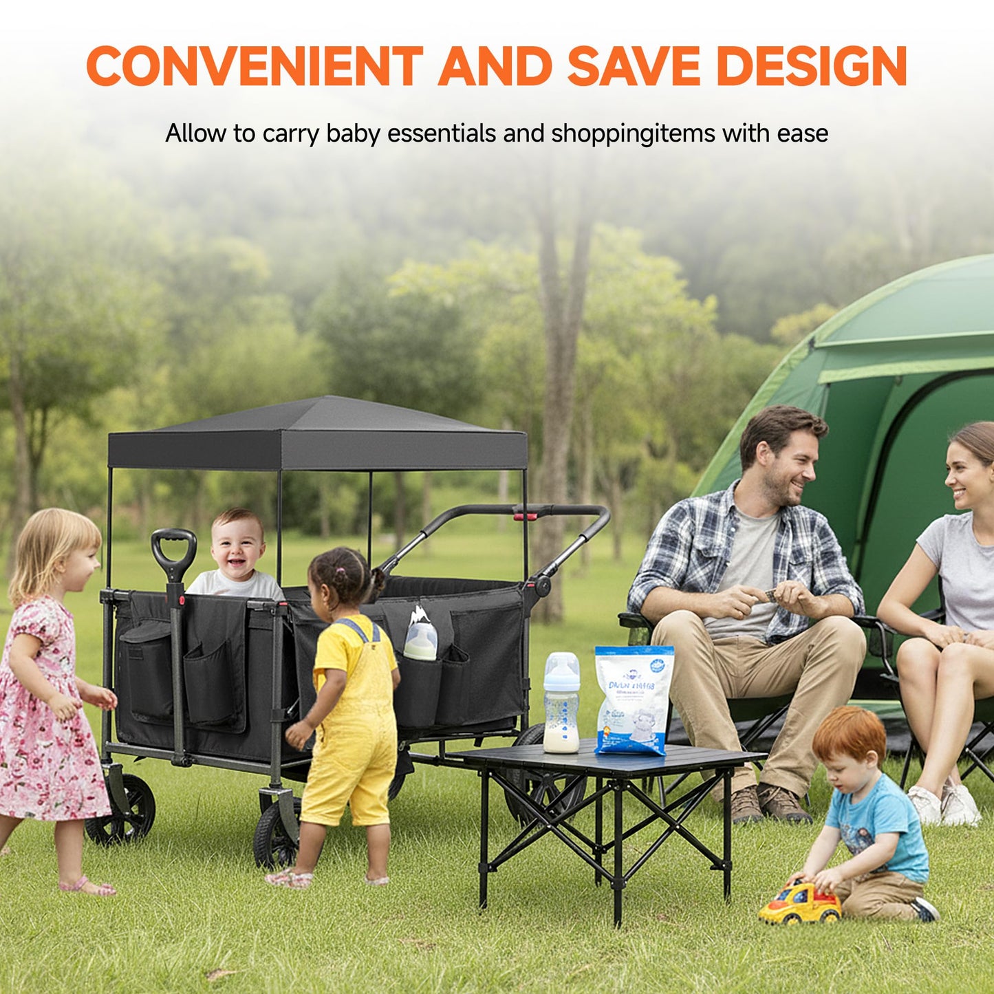 MAIZOA 4 Seater Foldable Wagon Stroller & Cargo,with 5-Point Harnesses,Adjustable Push/Pull Handle, Removable Sun Canopy, One-Step Locking Design, Suitable for Family Travel, 4 Children Ride, Gift