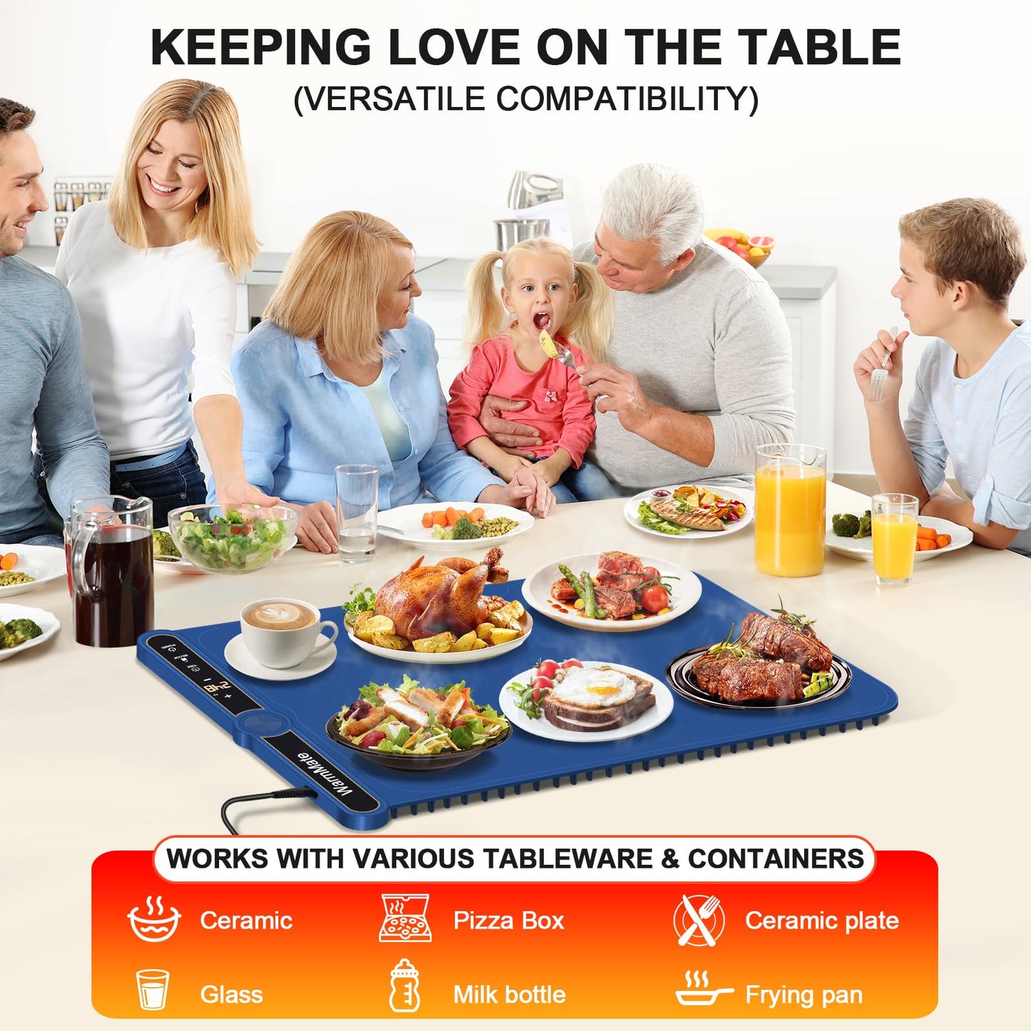WarmMate Food Warming Mat,Electric Warming Tray with 9-Level Temperature Precision Control, 6H Timer,8s Full Surface Rapid Heating, Ideal for Buffets, Parties & Gatherings (Roll-Up Design,Dark Blue)