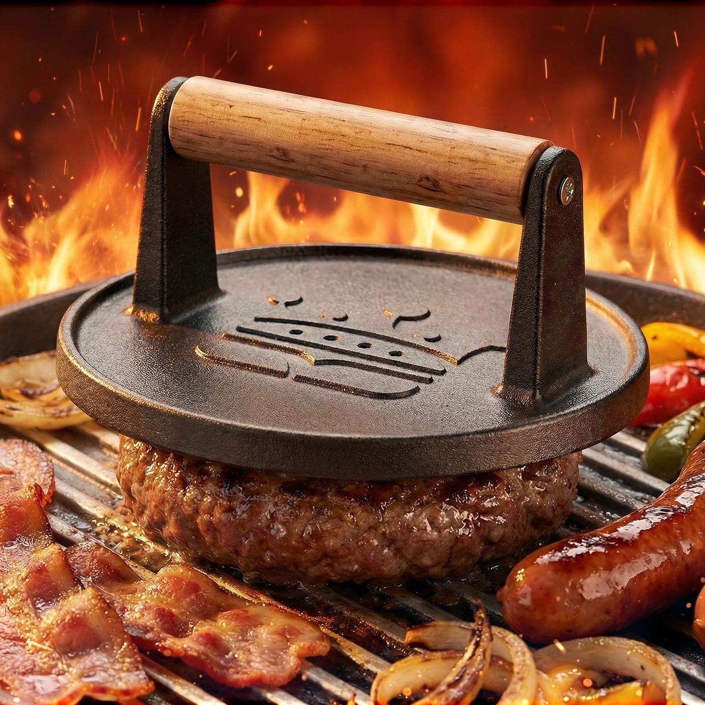 Smash Burger Press 6.5โ,Cast Iron Flat Round Edge Grill/Bacon/Meat/Hamburger/Chef Press with Wood Handle,1.74lb hamburger press patty maker for Griddles,Nonstick burger smasher for griddle accessories