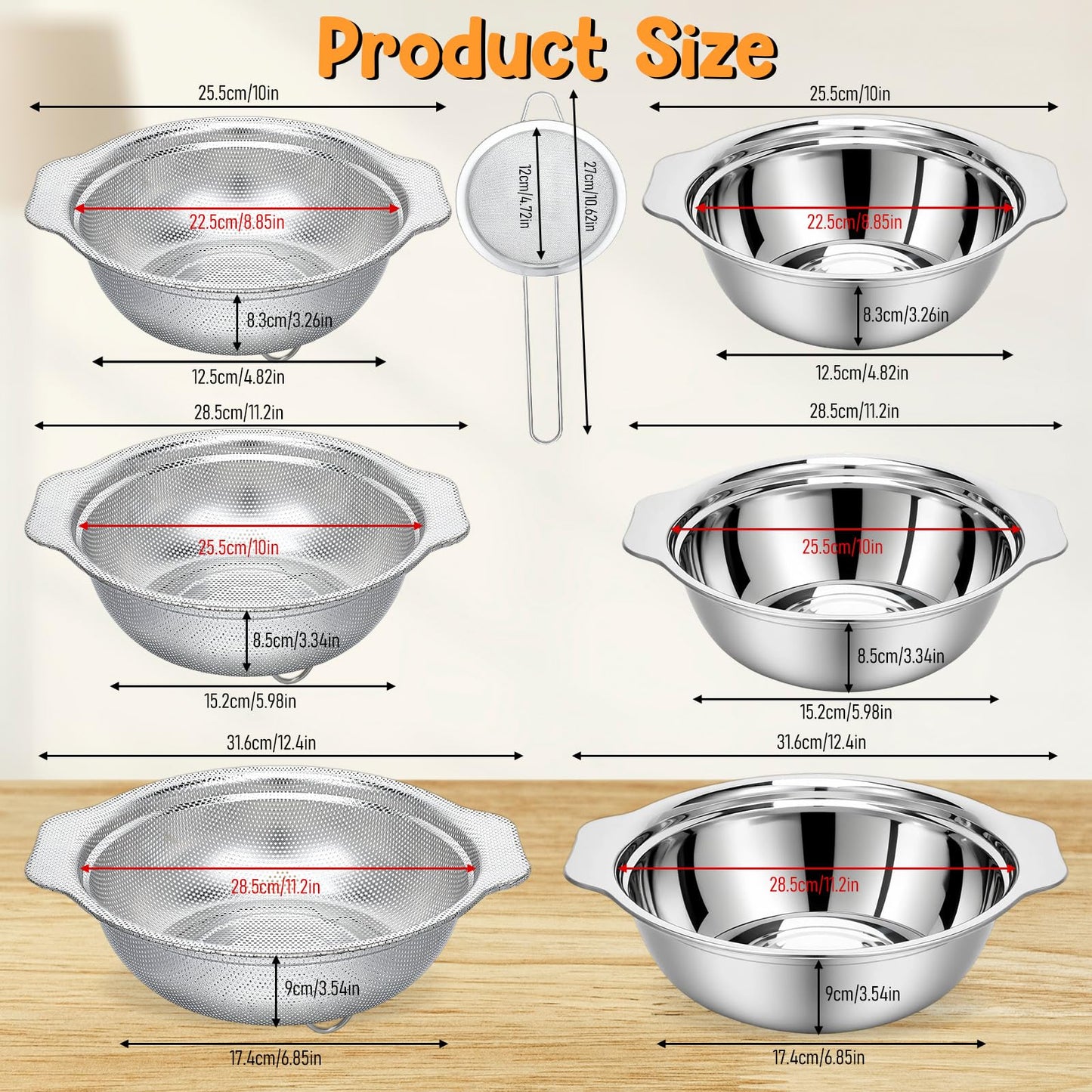 7Pcs Stainless Steel Colander Set, Rice Strainer with Mixing Bowl, 3/4/5QT Large Capacity Microporous Colander with Handle, Mesh Strainer for Washing and Draining Vegetables, Fruit, Dishwasher Safe