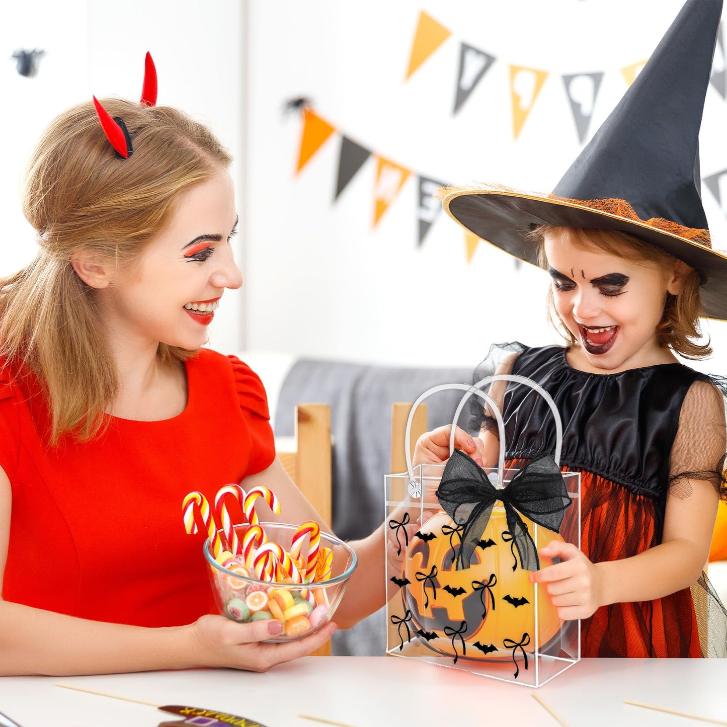 Whaline 12 Pcs Halloween Clear PVC Gift Bags with Handles Ribbon Black Bats Bow Coquette Party Favor Bags Trick or Treat Tote Candy Bag for Holiday Birthday Baby Shower Halloween Party Supplies