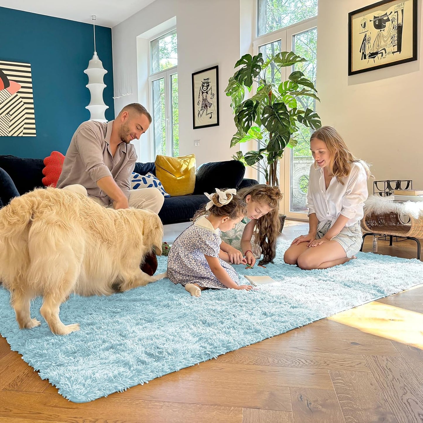 OLANLY Area Rugs - Soft Fluffy Shaggy Indoor Carpet for Living Room & Bedroom - 4x5.9 ft Light Blue