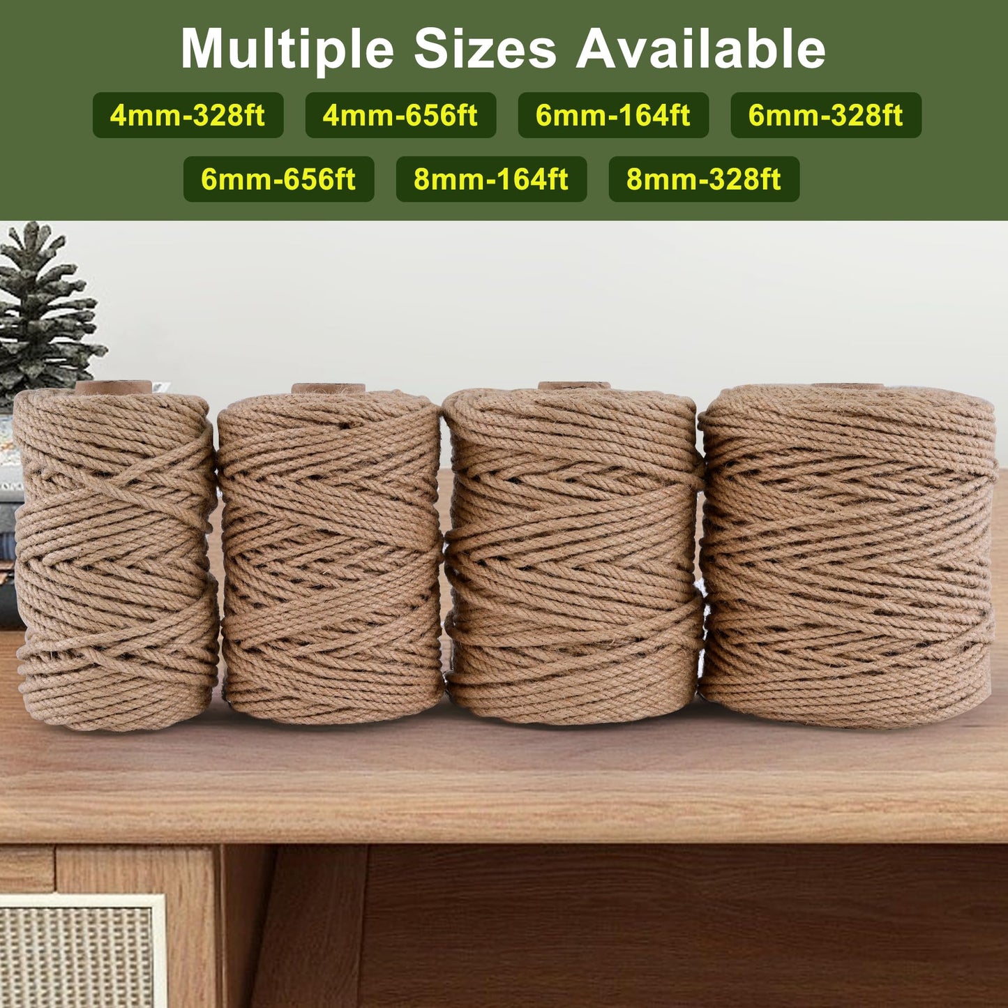 Natural Jute Twine 656ft 6mm,4Ply Twisted Thick Twine Rope Strong Jute String Roll for Crafts Gift Wrapping Gardening Home Decor Bundling Cat Scratching Post