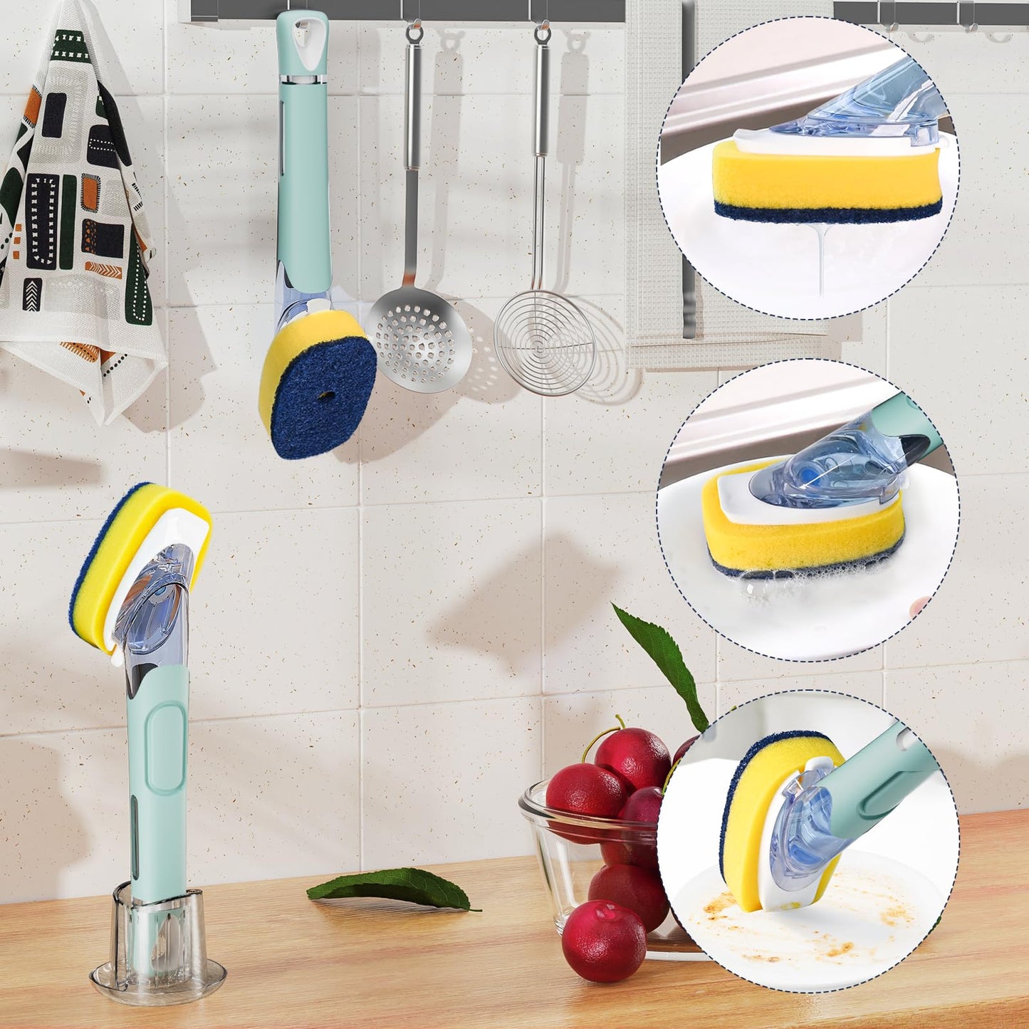Dish Brush with Soap Dispenser Storage Set with 2 PCS Sponge Refills & Holder, Soap Dispensing Dish Brushes, Sponge with Soap Dispenser Handle, Dish Sponges with Handle for Dishes Pans Pots Sink