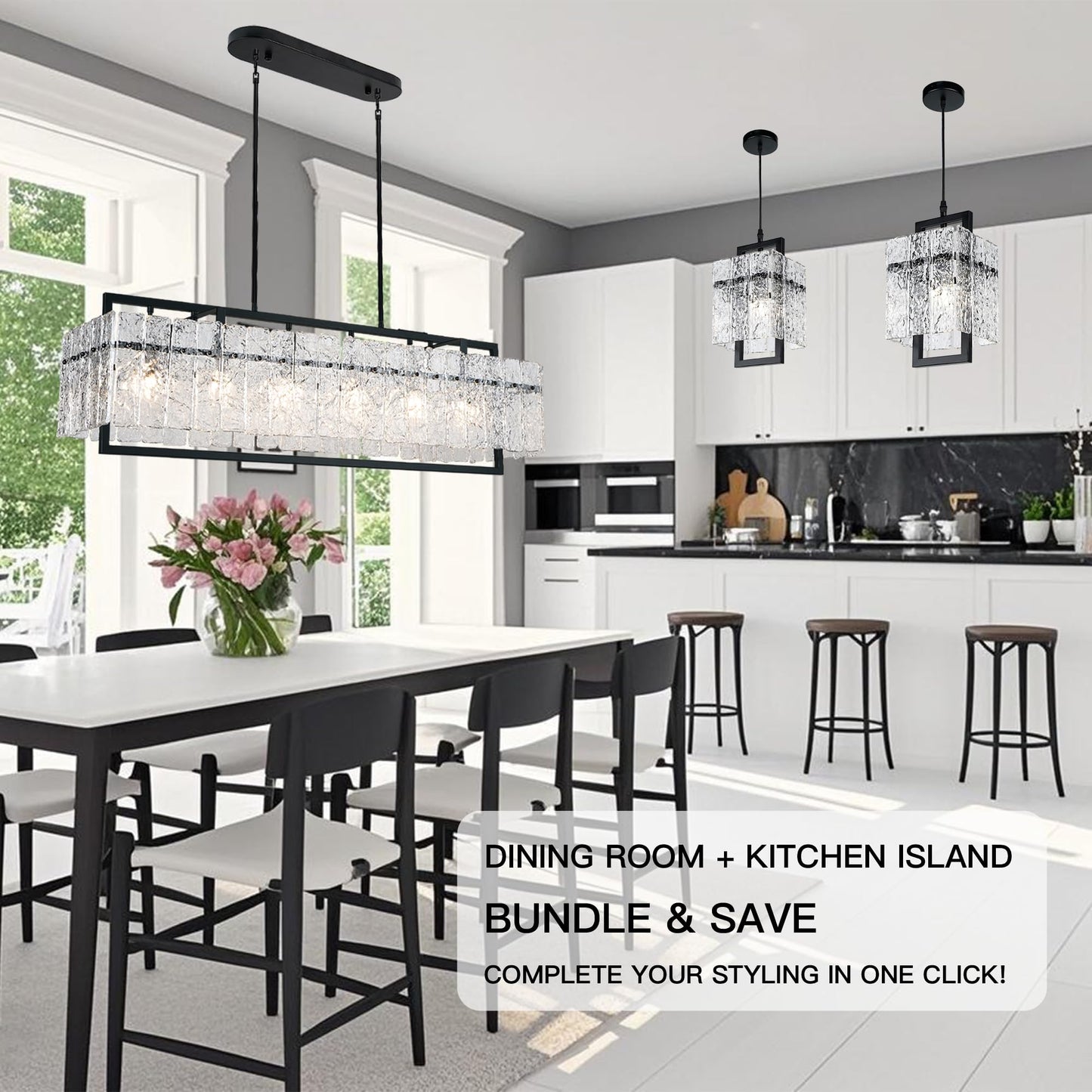 IKK Modern Rectangle Black Crystal Chandeliers for Dining Room, 42" Large Rectangular Water Ripple Glass Island Light Fixture, Linear Farmhouse Lighting for Kitchen Island, Living Room, L42xW11xH12