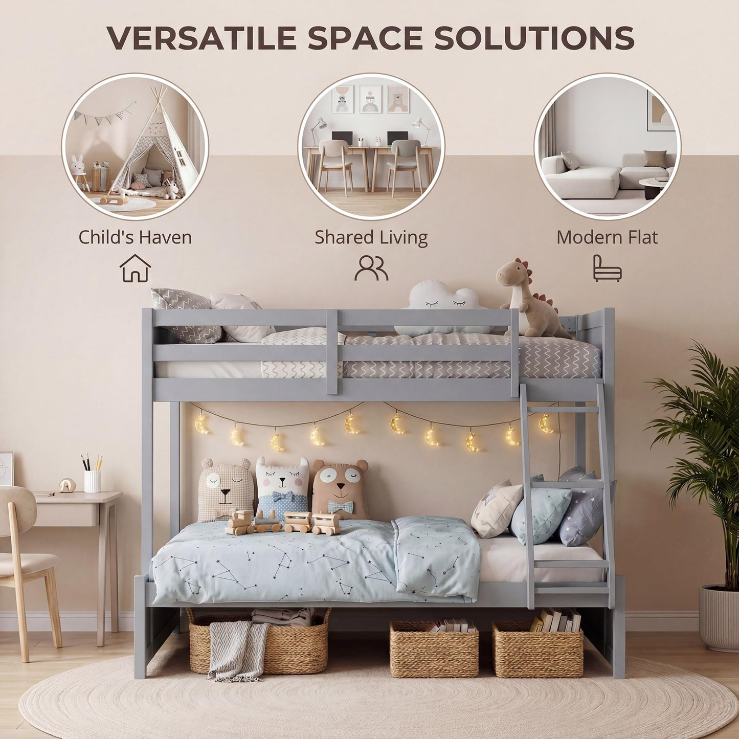KOMFOTT Twin Over Full Bunk Bed, Pine Bed Frame with 3-Step Ladder, Full-Length Guardrails & 21 Wooden Support Slats, Solid Wood Bunk Bed for Teens, Kids, Adults, Dorms and Apartments (Grey)